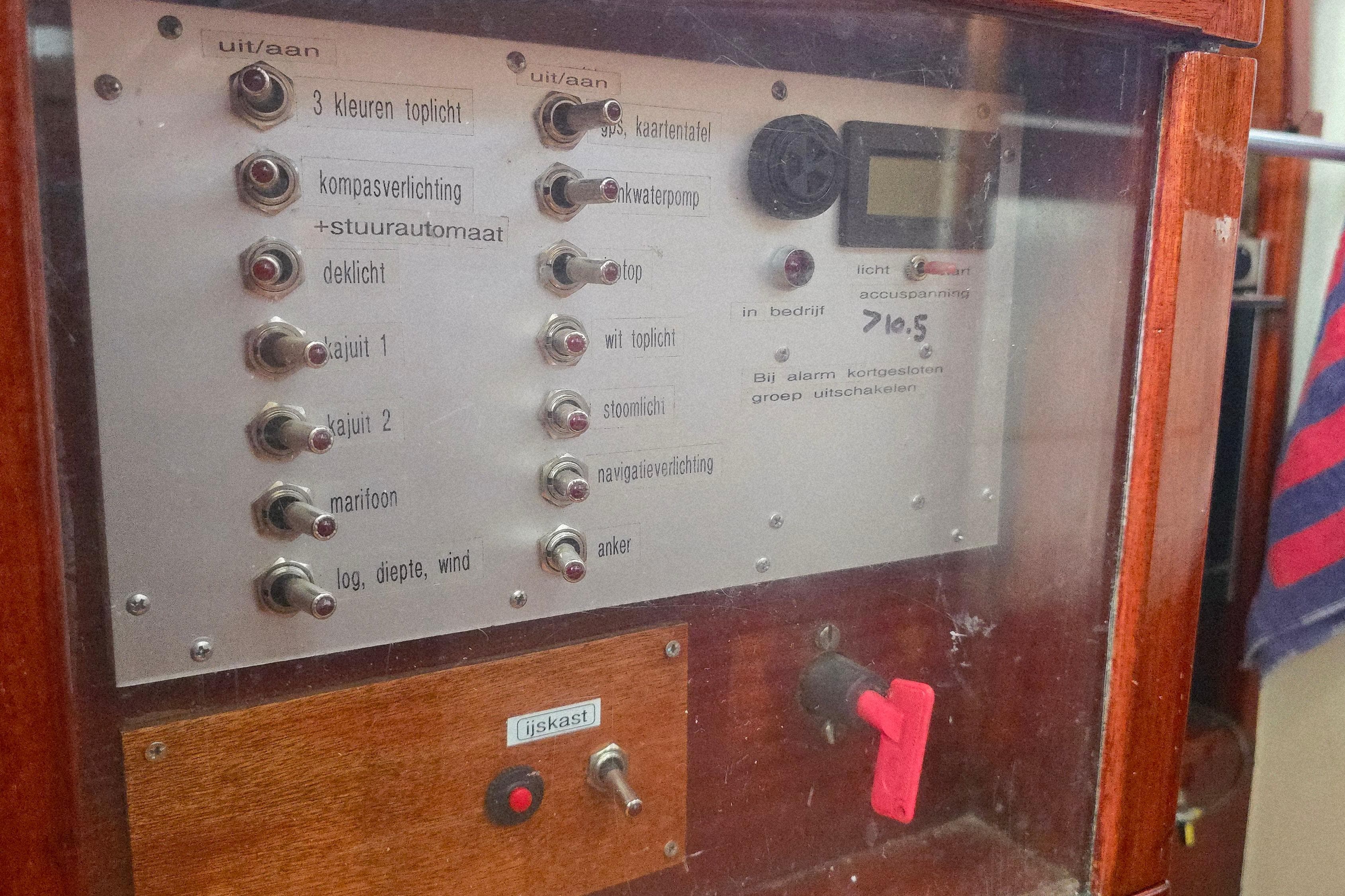 Control panel of a 1965 Van De Stadt Rebel 41 sailboat with various switches and indicators.