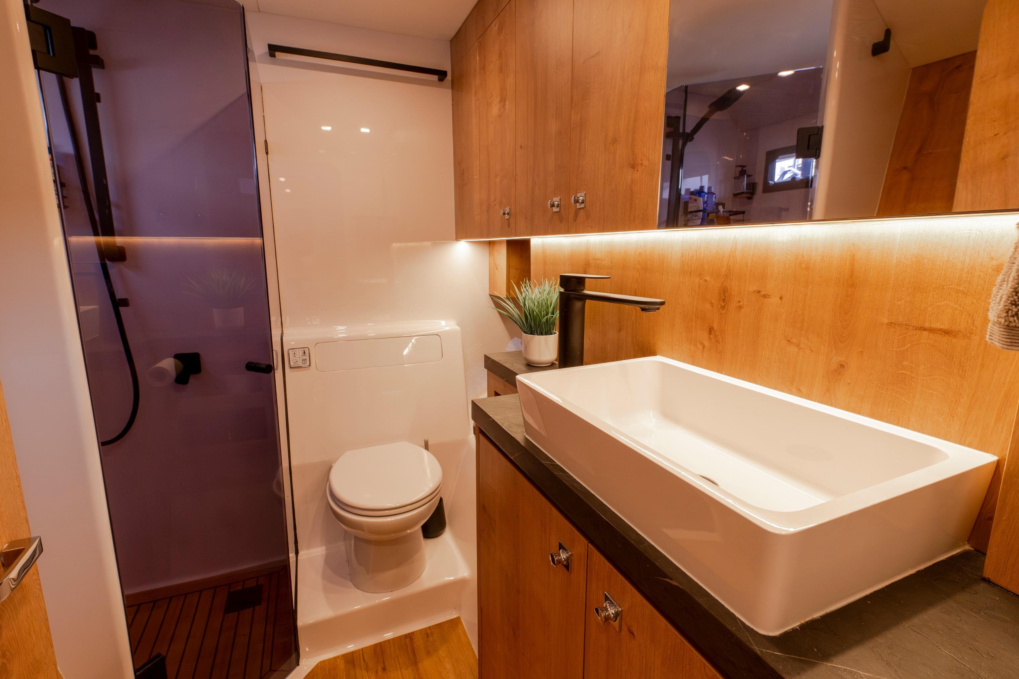 Modern bathroom in 2024 Bloomfield Custom 70 with sleek fixtures and wood accents.
