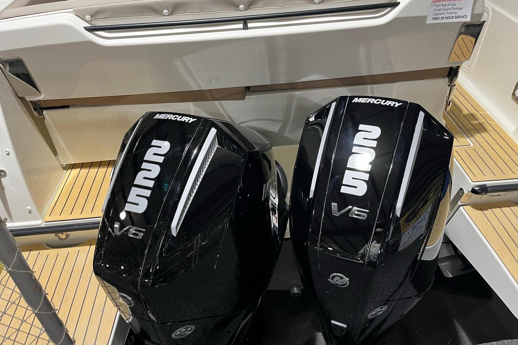 Twin Mercury 225 V6 engines on 2026 Bayliner Trophy T29 Explorer boat.