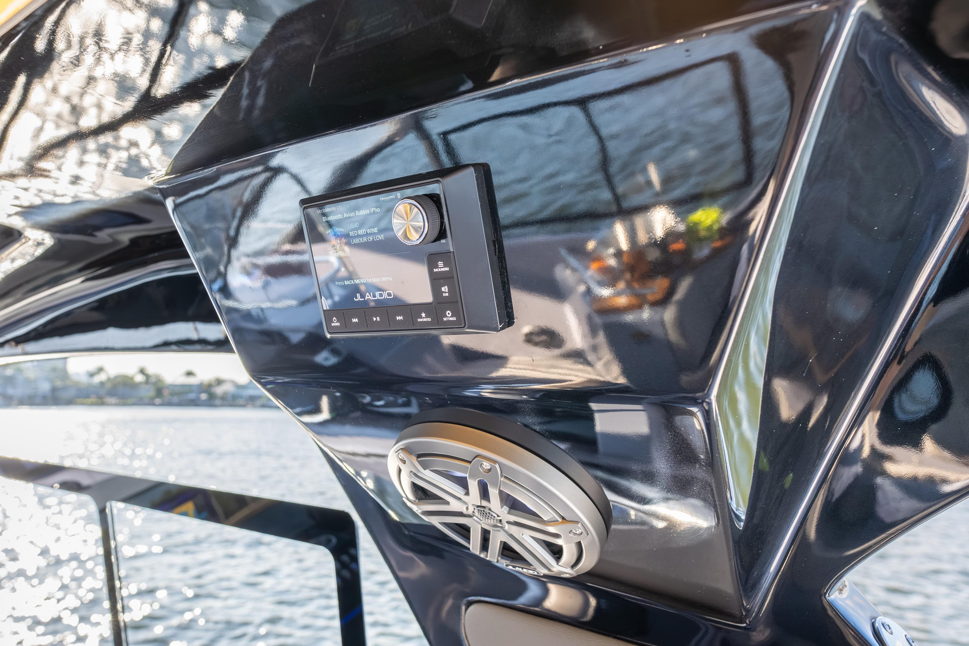 Control panel of Hanover 347 yacht, 2026 model, featuring JL Audio system.