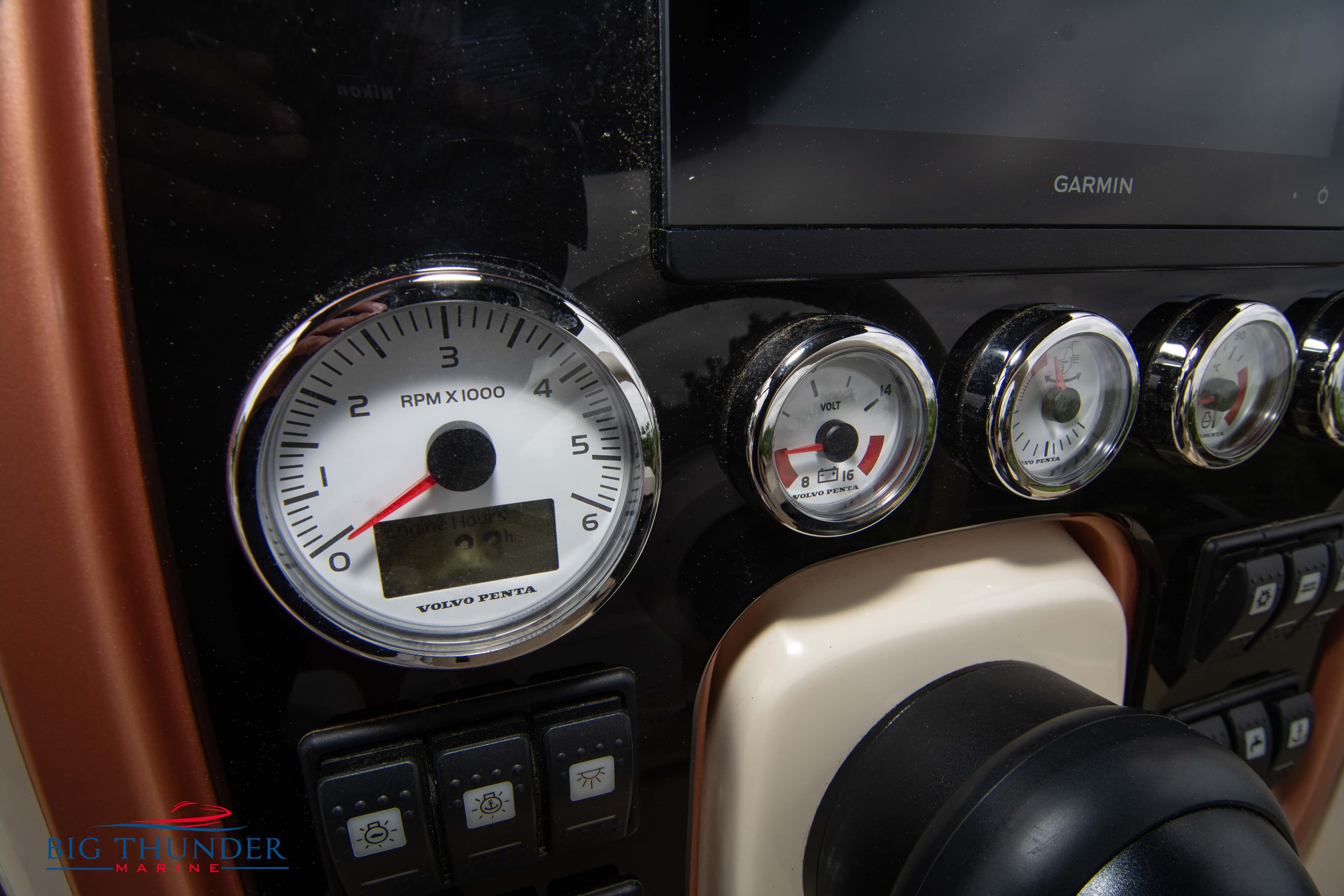 Close-up of 2024 Capoforte CX280i boat dashboard with gauges and Garmin display.