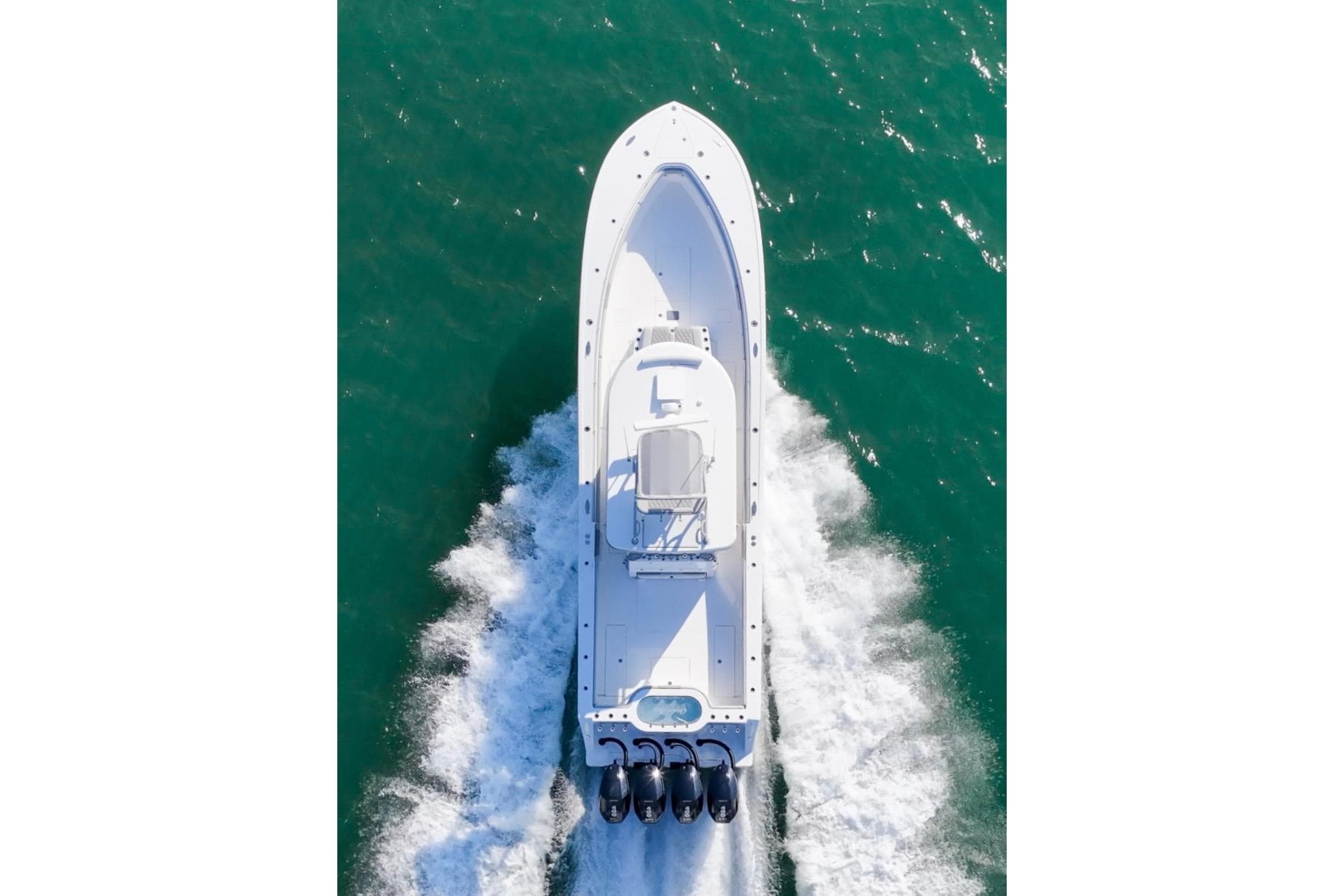Aerial view of 2025 Onslow Bay 41 Tournament boat cruising on open water.