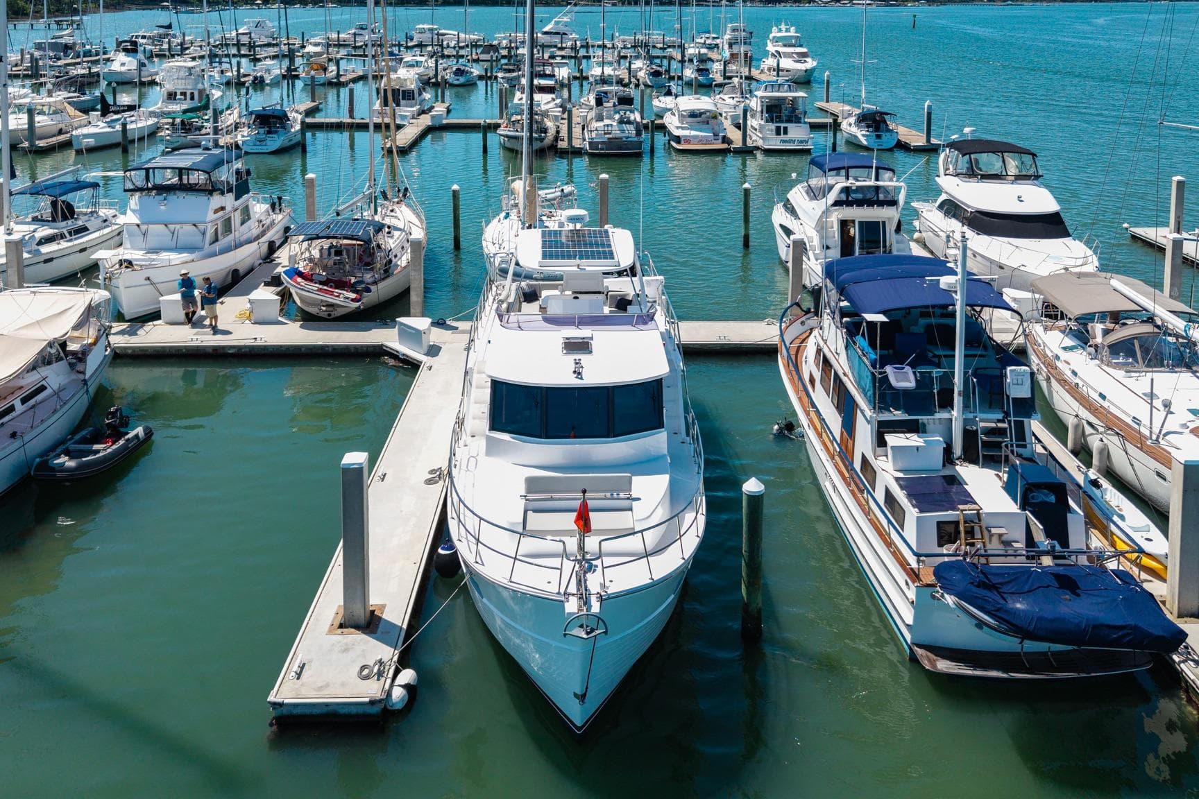 2023 North Pacific 49 Euro yacht docked in a bustling marina with other boats.