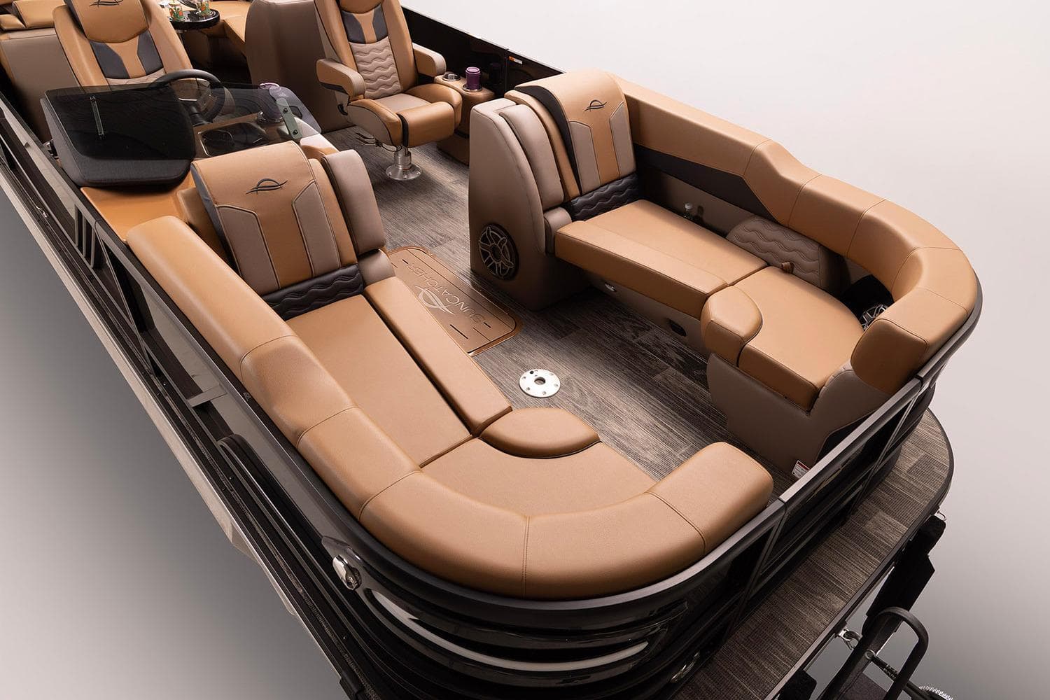 Manufacturer Provided Image: Luxurious interior of 2026 SunCatcher Diamond Elite 324 RC pontoon boat with plush seating.