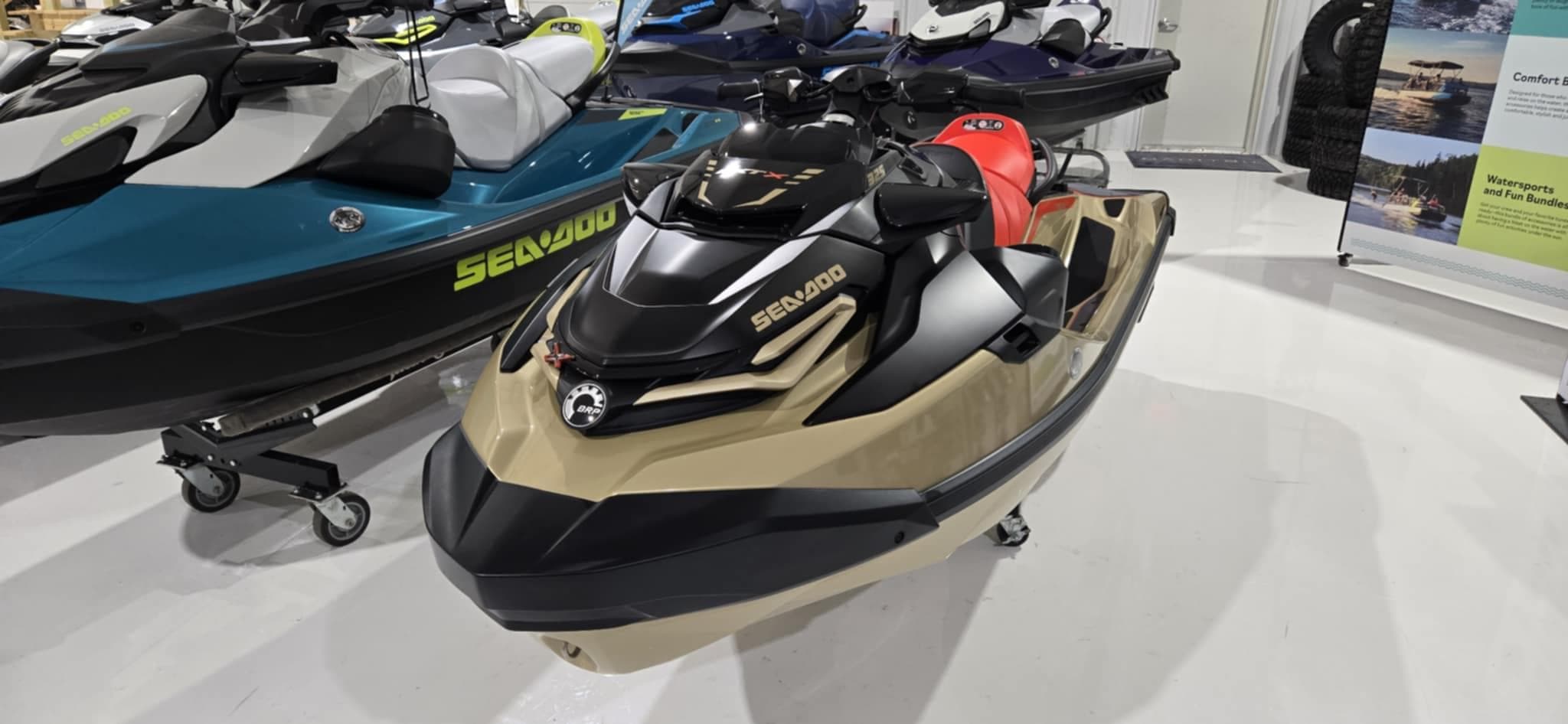 2025 Sea-Doo RXT-X 325 jet ski in showroom, featuring sleek design and modern features.