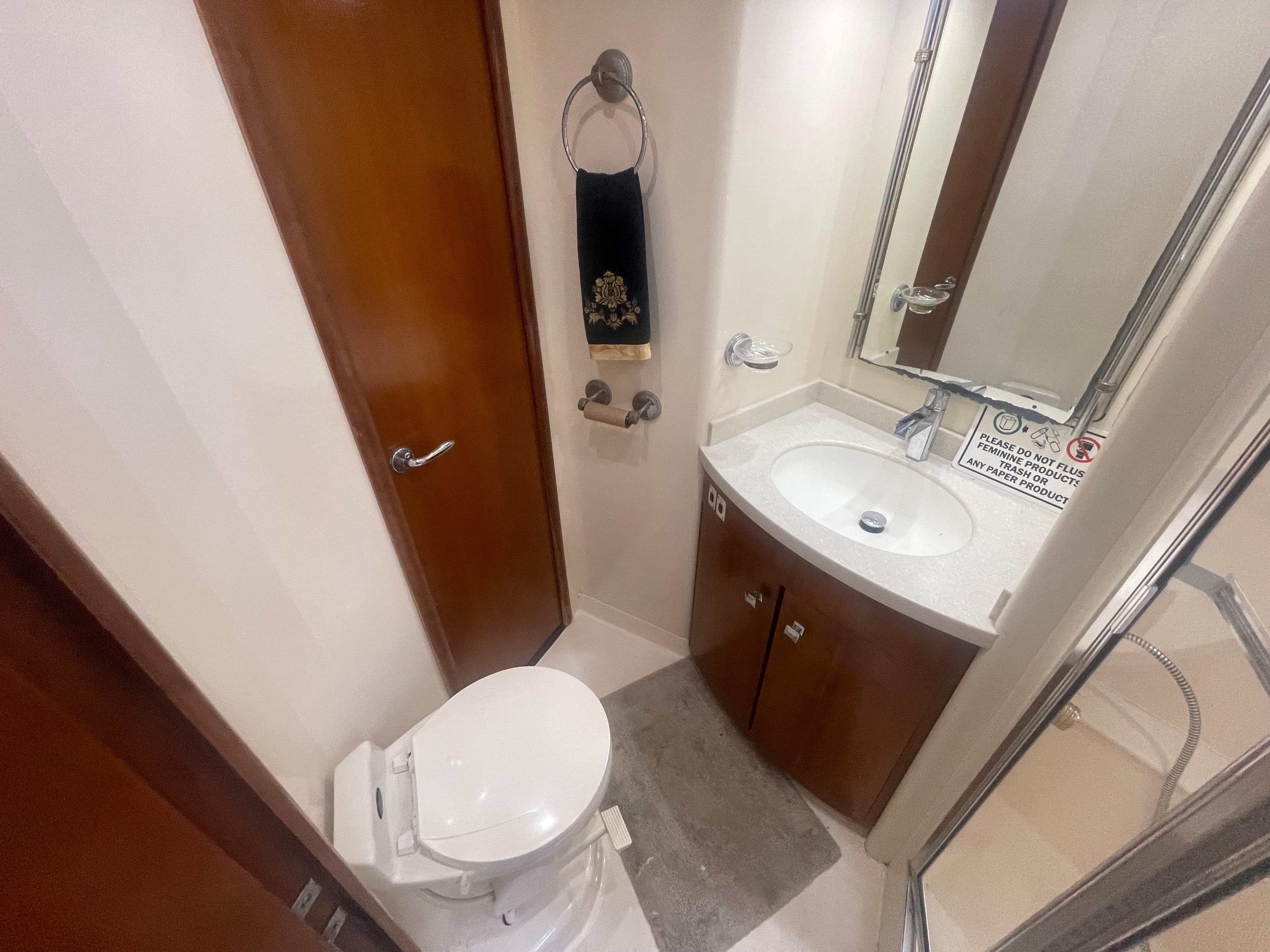 1999 Carver Voyager bathroom with toilet, sink, mirror, and wooden cabinetry.