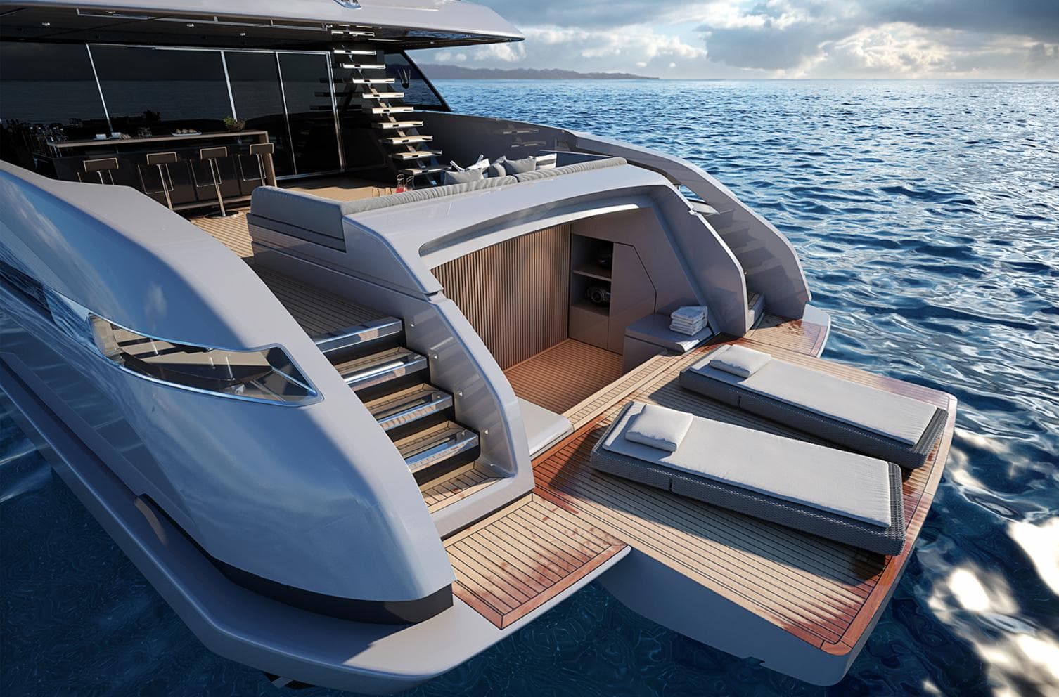 Luxurious Ocean King Doge 350 yacht, 2027 model, featuring elegant deck and sun loungers.