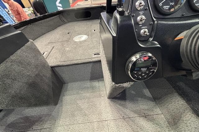Interior view of 2026 Crestliner 1850 Kodiak WT boat dashboard and flooring.