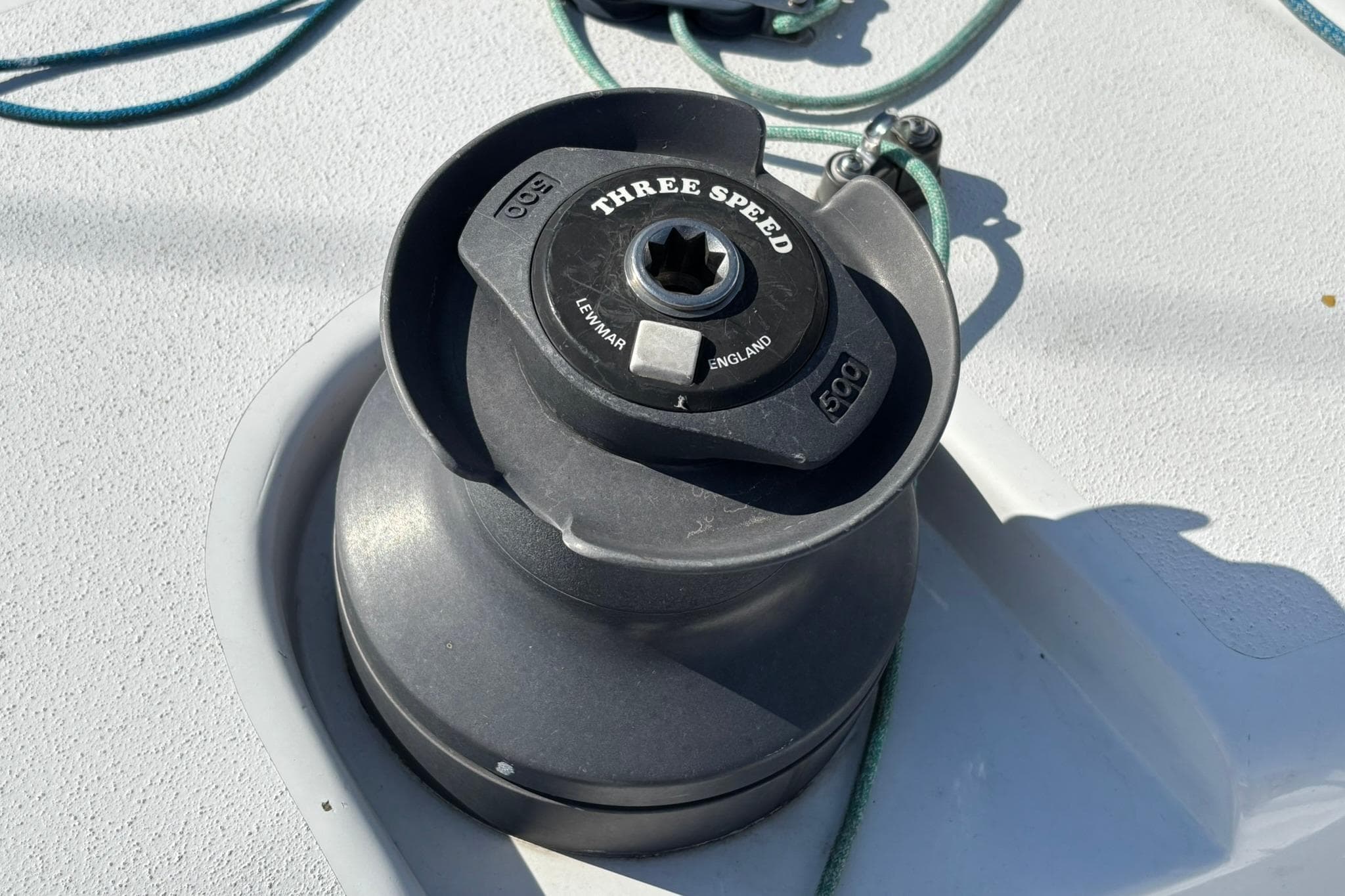 Three-speed winch on 1993 Nelson Marek 43 sailboat deck.