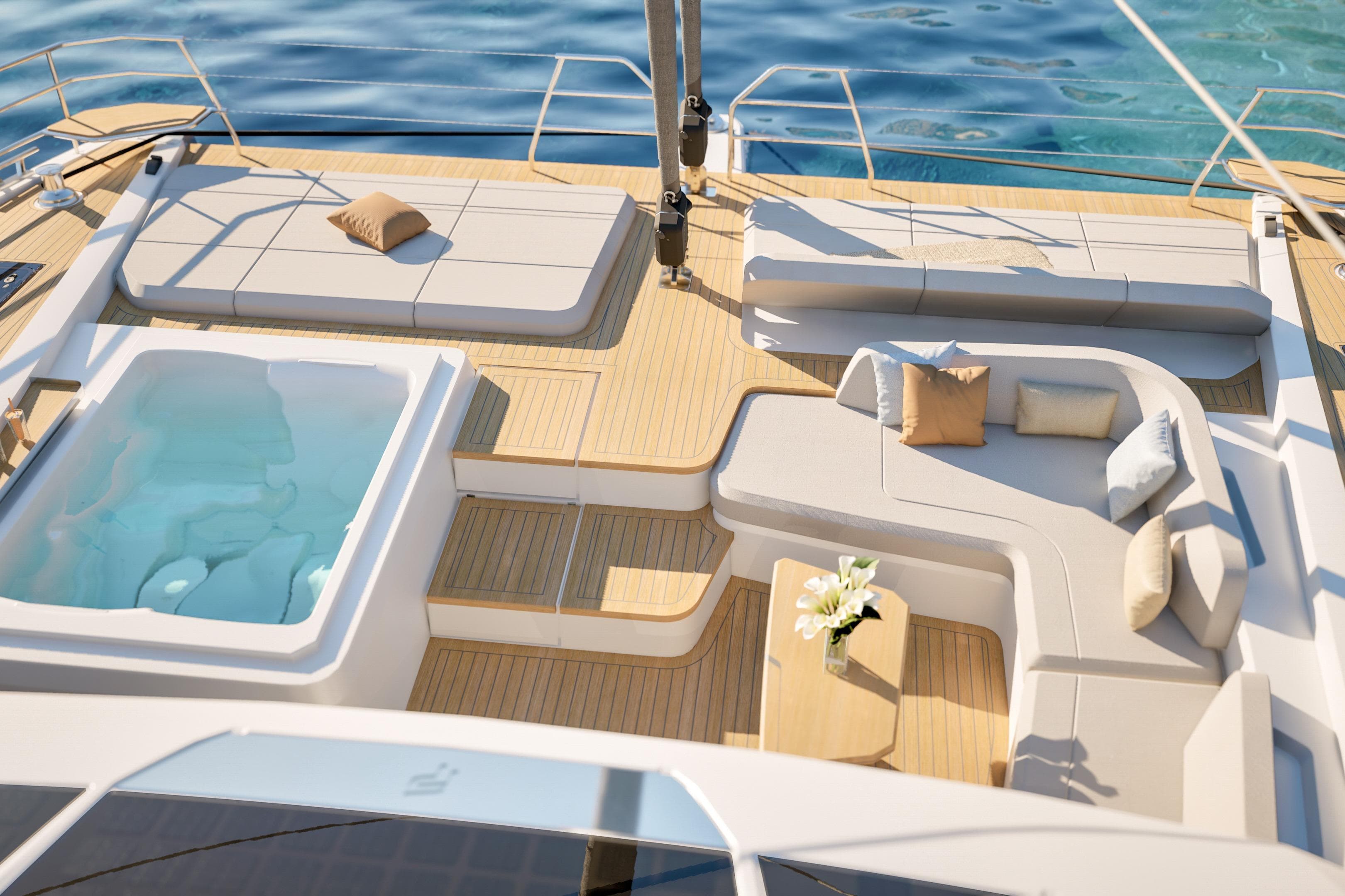 Luxurious deck of 2027 Fountaine Pajot FPY 70S yacht with jacuzzi and seating area.