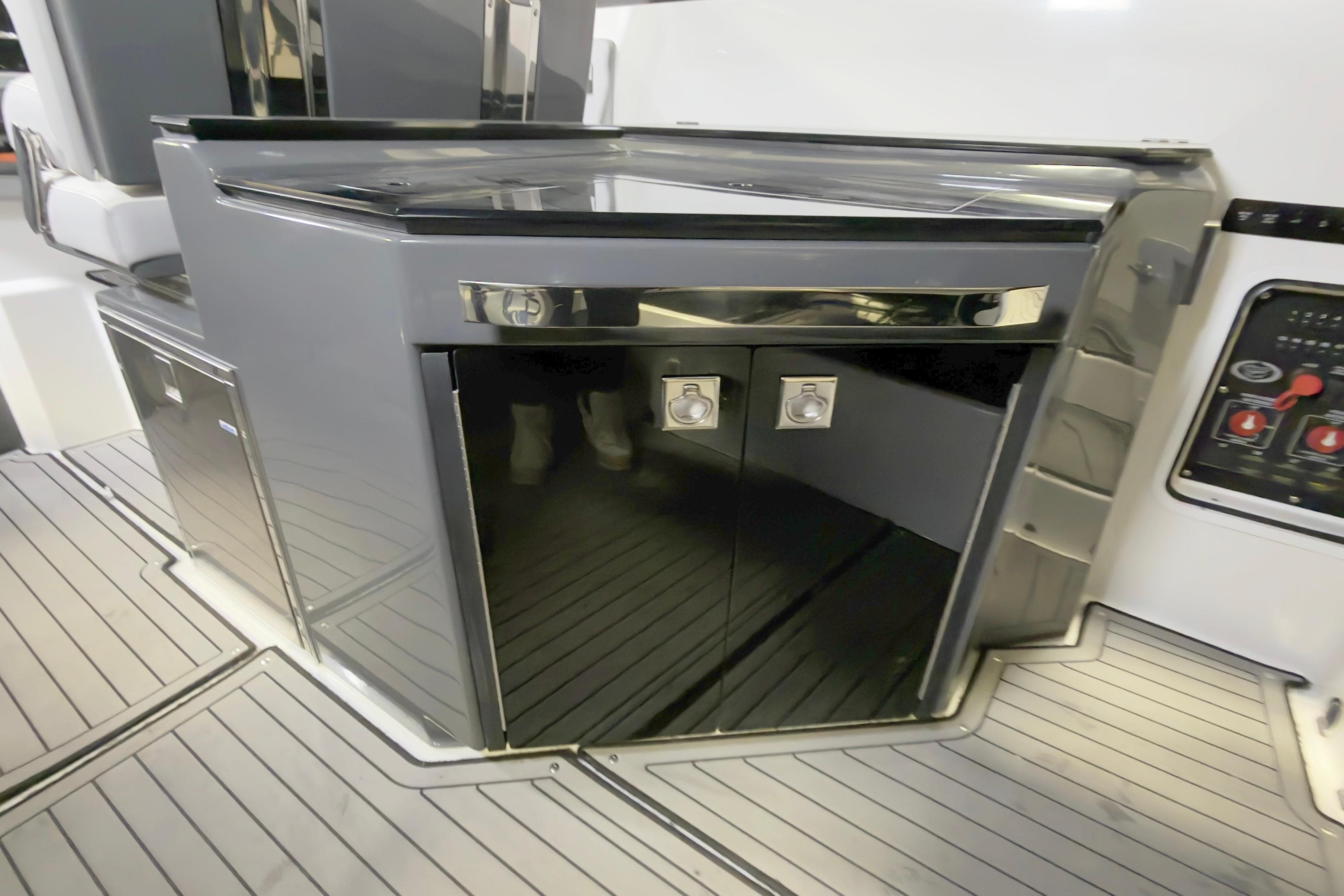 2021 Cobalt A36BR boat interior with sleek cabinetry and modern design.