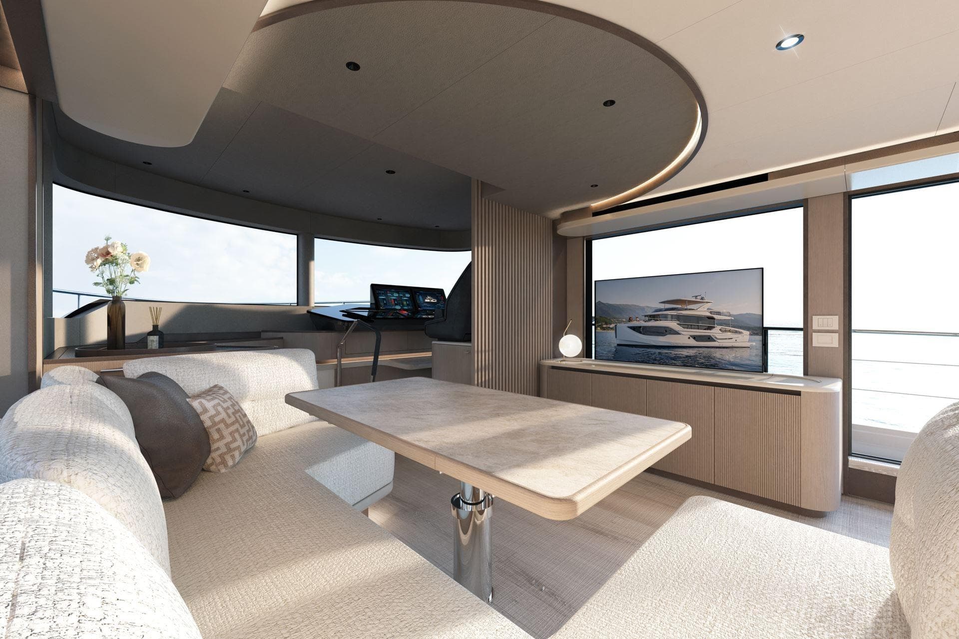 Luxurious interior of 2026 Absolute 58 Navetta yacht with modern furnishings and panoramic windows.