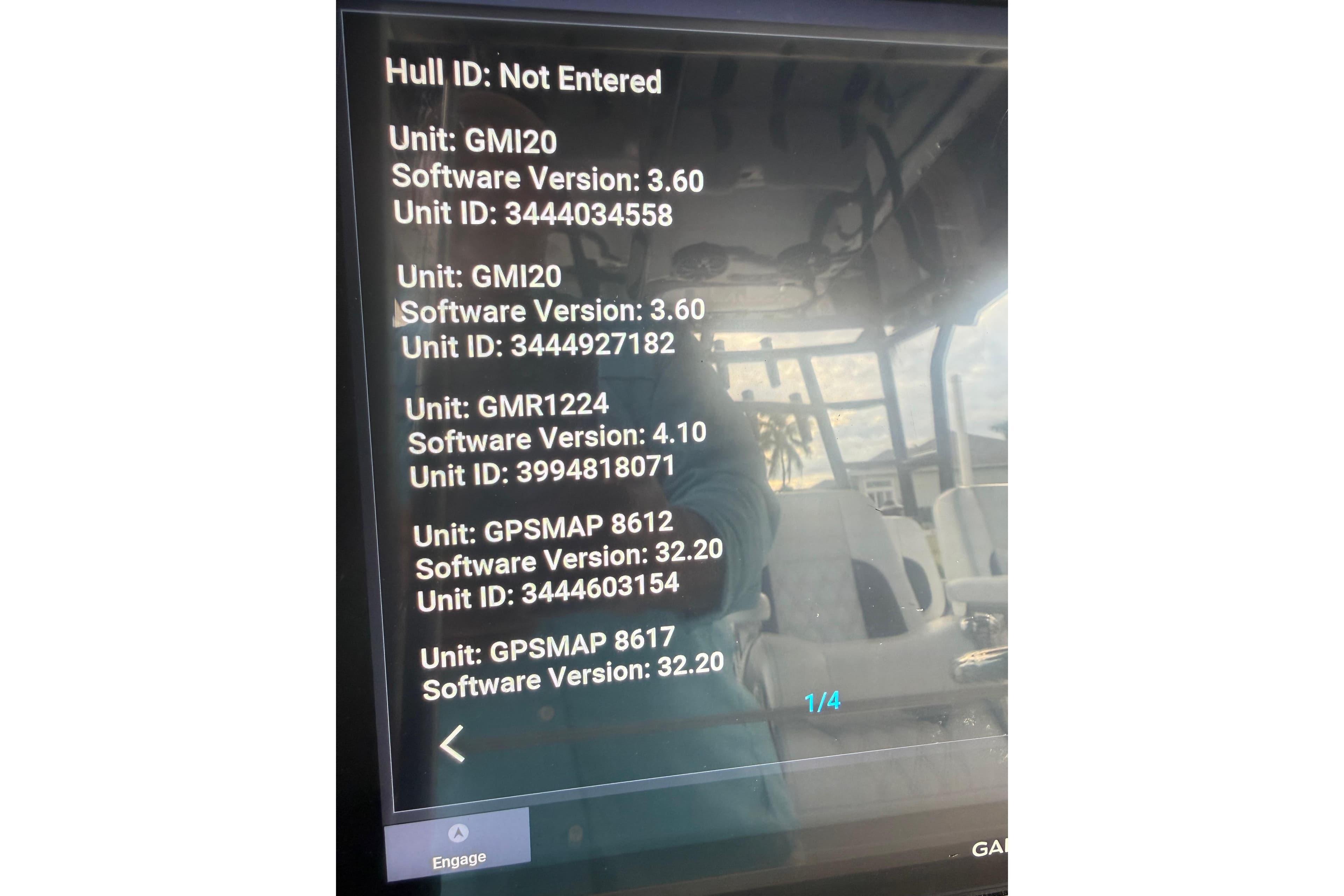 Display screen showing software versions and unit IDs on a 2020 SeaHunter 41 CTS boat.