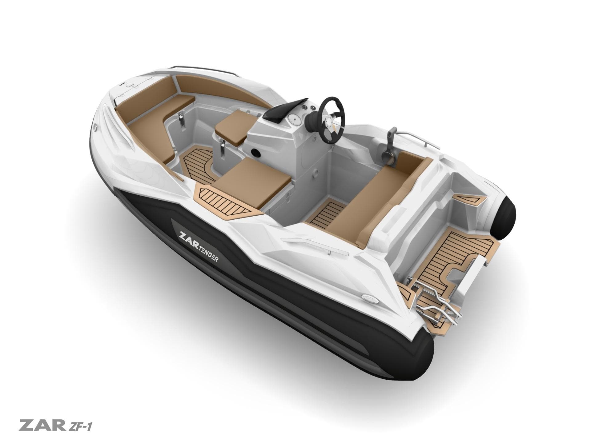 2025 Zar Formenti ZF-5 boat, sleek design, white and tan interior, modern steering console.