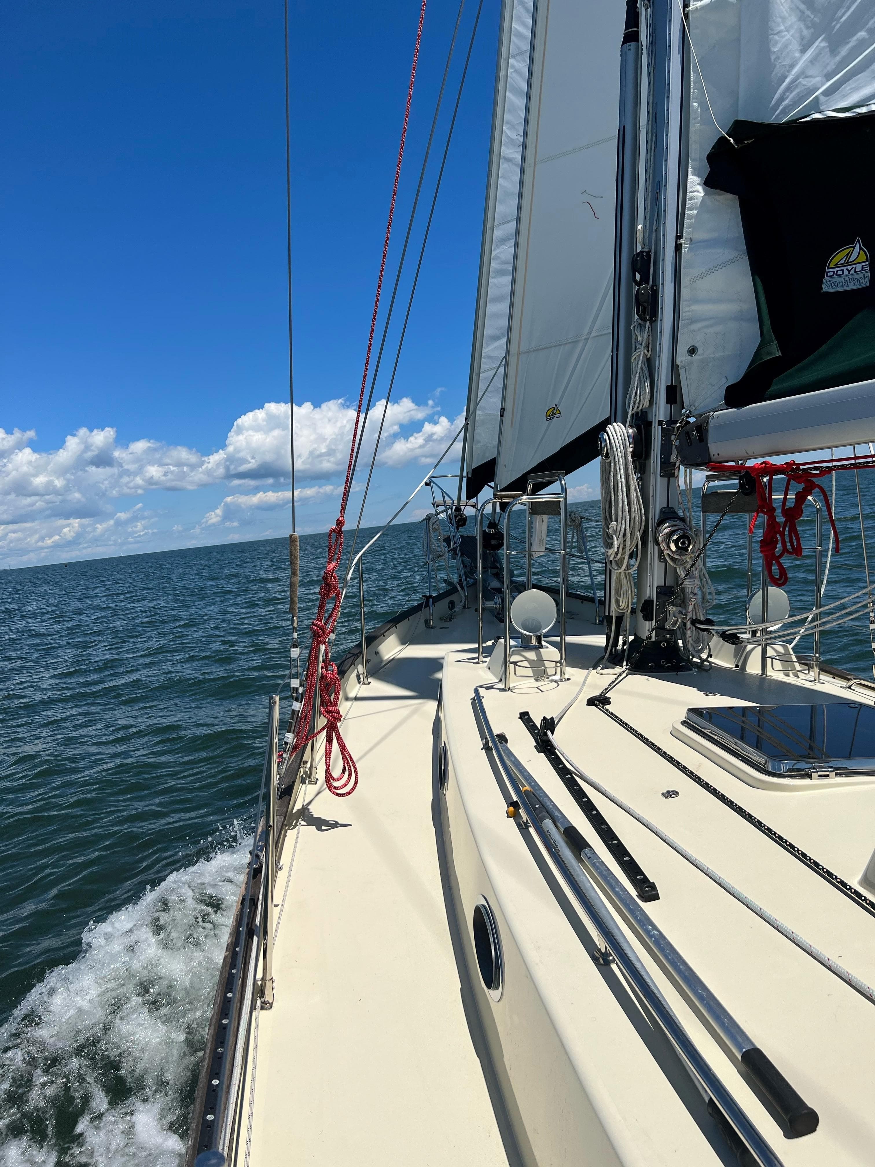 Sailing on a 2016 Alajuela 38 yacht under clear blue skies.