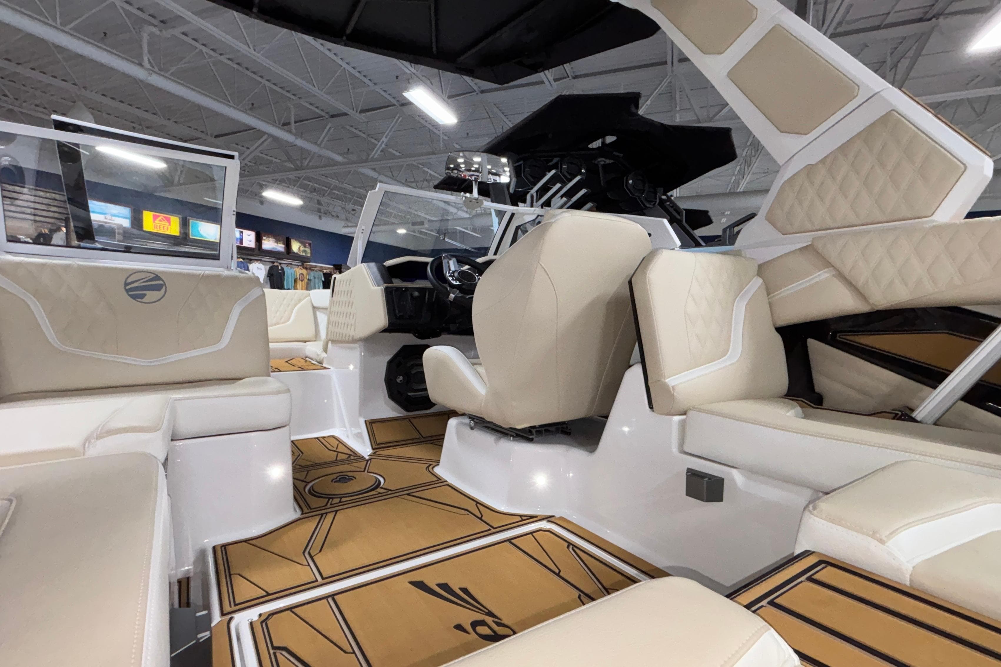 2026 Tigé 22RZX boat interior with beige seating and modern design.