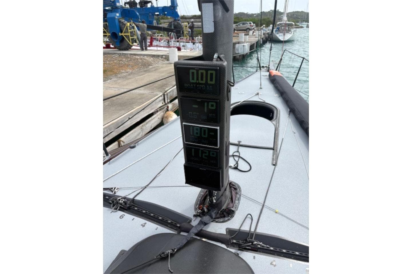 Sailing yacht Carkeek 45 (2023) with digital display on deck, docked at marina.