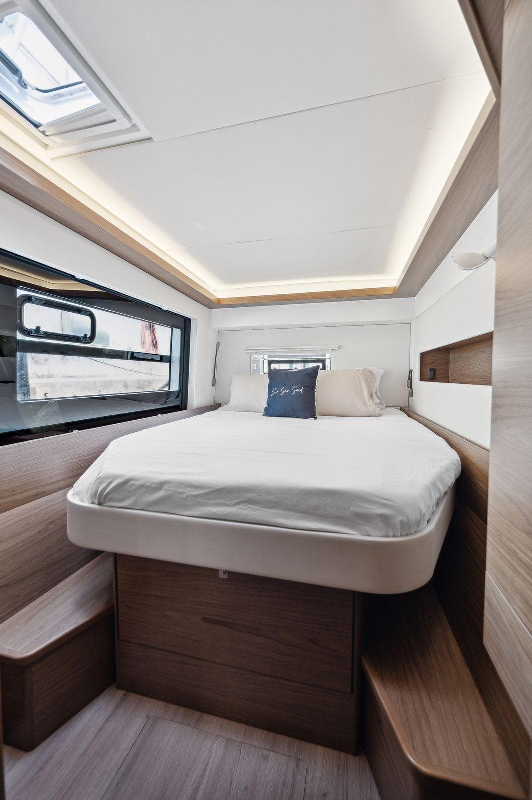 Luxurious cabin interior of 2021 Nautitech 46 Open catamaran with modern design.
