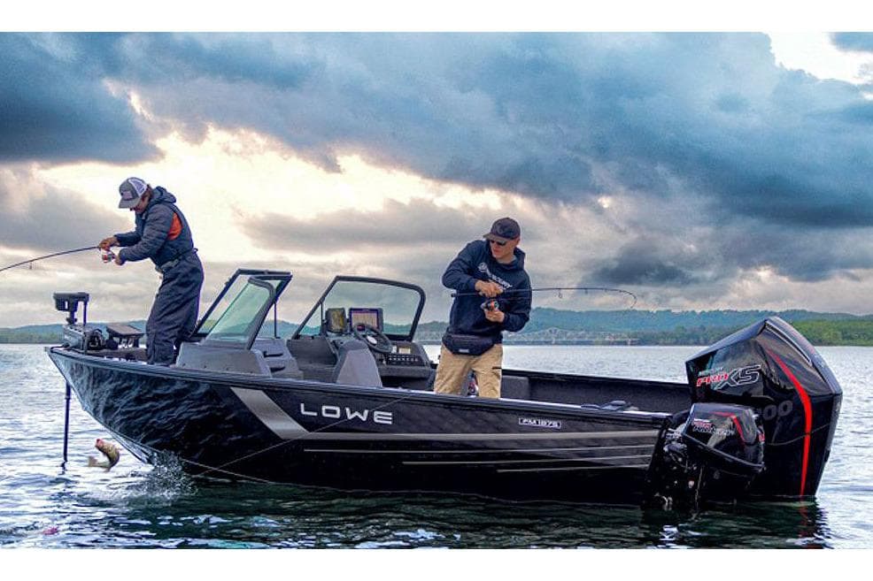 Manufacturer Provided Image: Two people fishing on a 2025 Lowe Fishing Machine 1875 boat under cloudy skies.