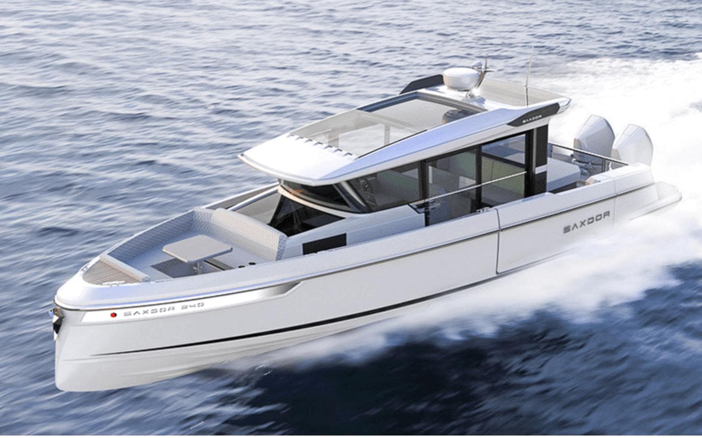 2025 Saxdor 340 GTWA boat cruising on open water, showcasing sleek design and modern features.