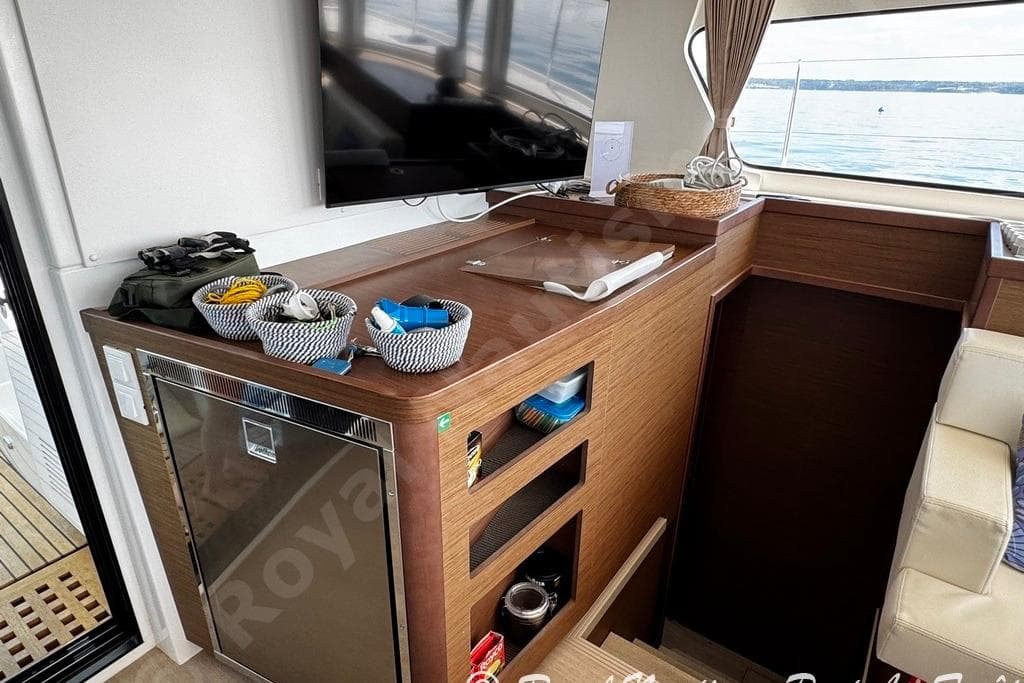 Interior of 2018 Lagoon 42 yacht with modern amenities and ocean view.
