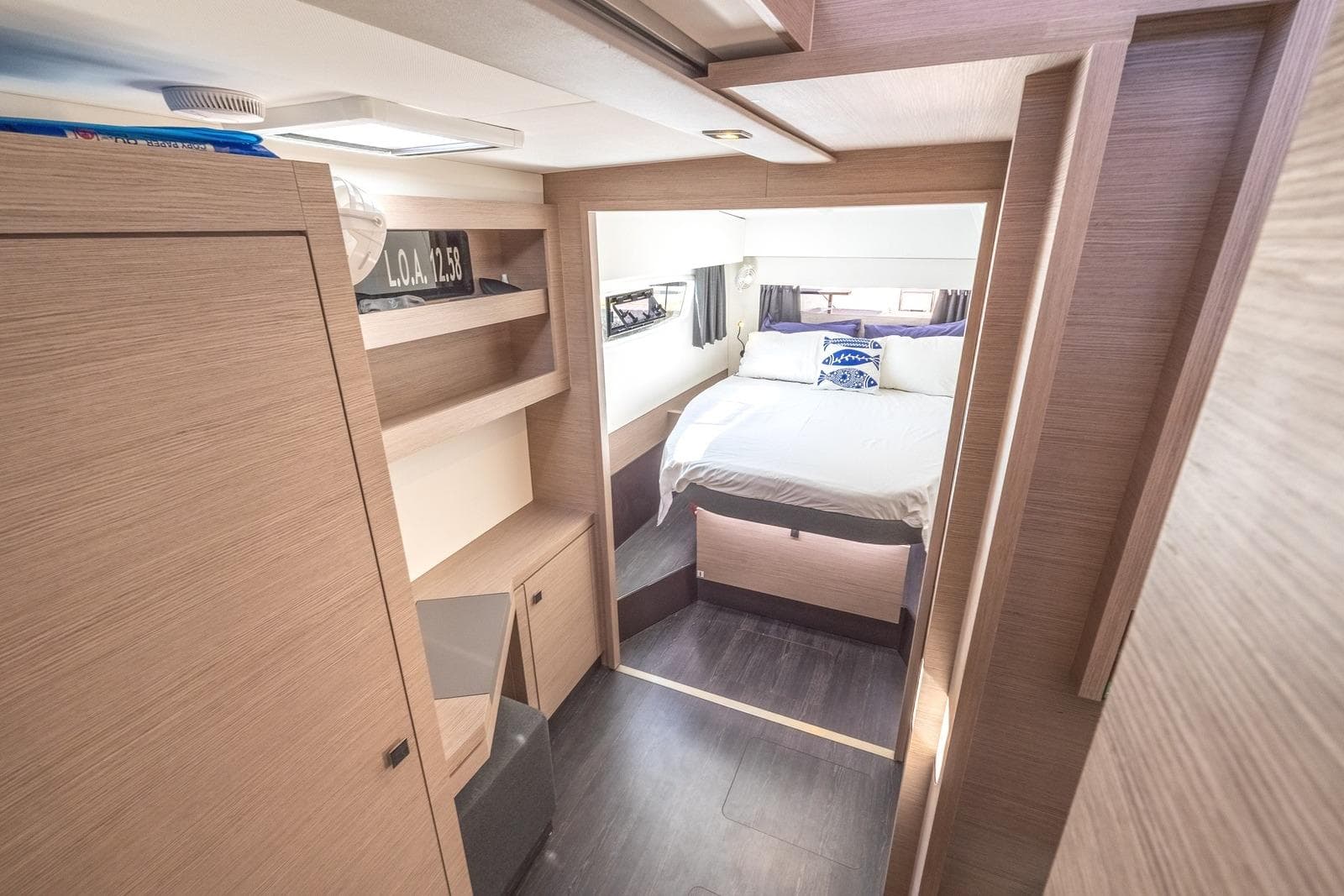 Luxurious interior of 2023 Fountaine Pajot Astrea 42 Maestro catamaran cabin.