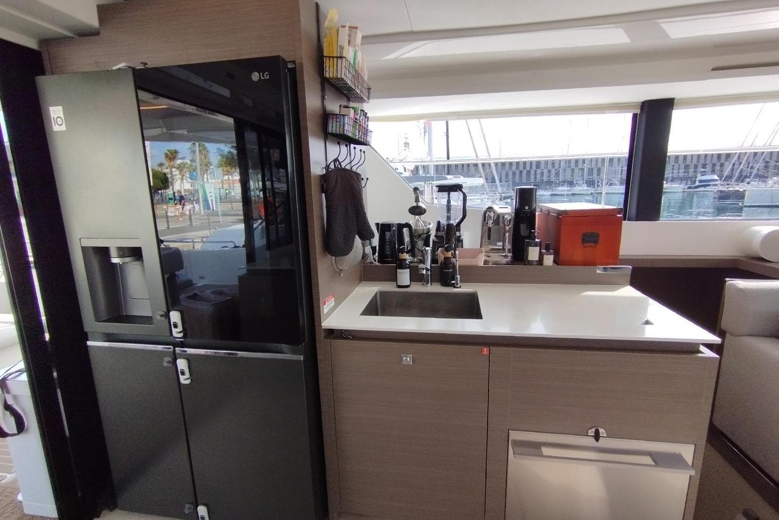 Modern kitchen interior of 2024 Leopard 53 Powercat yacht with sleek appliances and ample counter space.