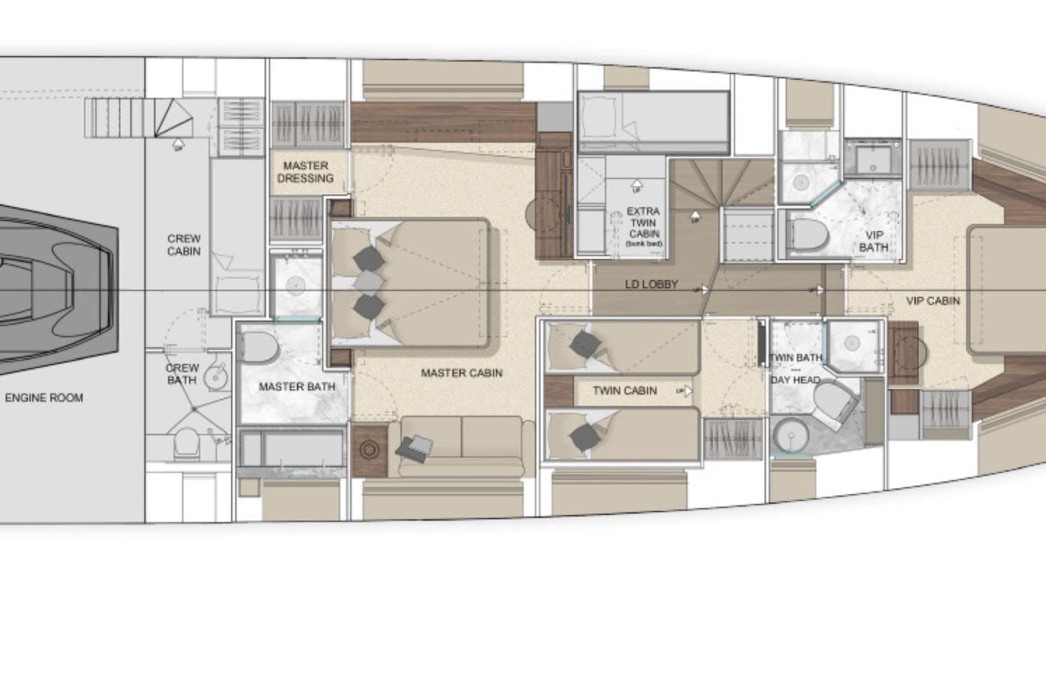 Floor plan of 2027 Solaris Power 70 GRAND COUPE yacht with detailed cabin layout.