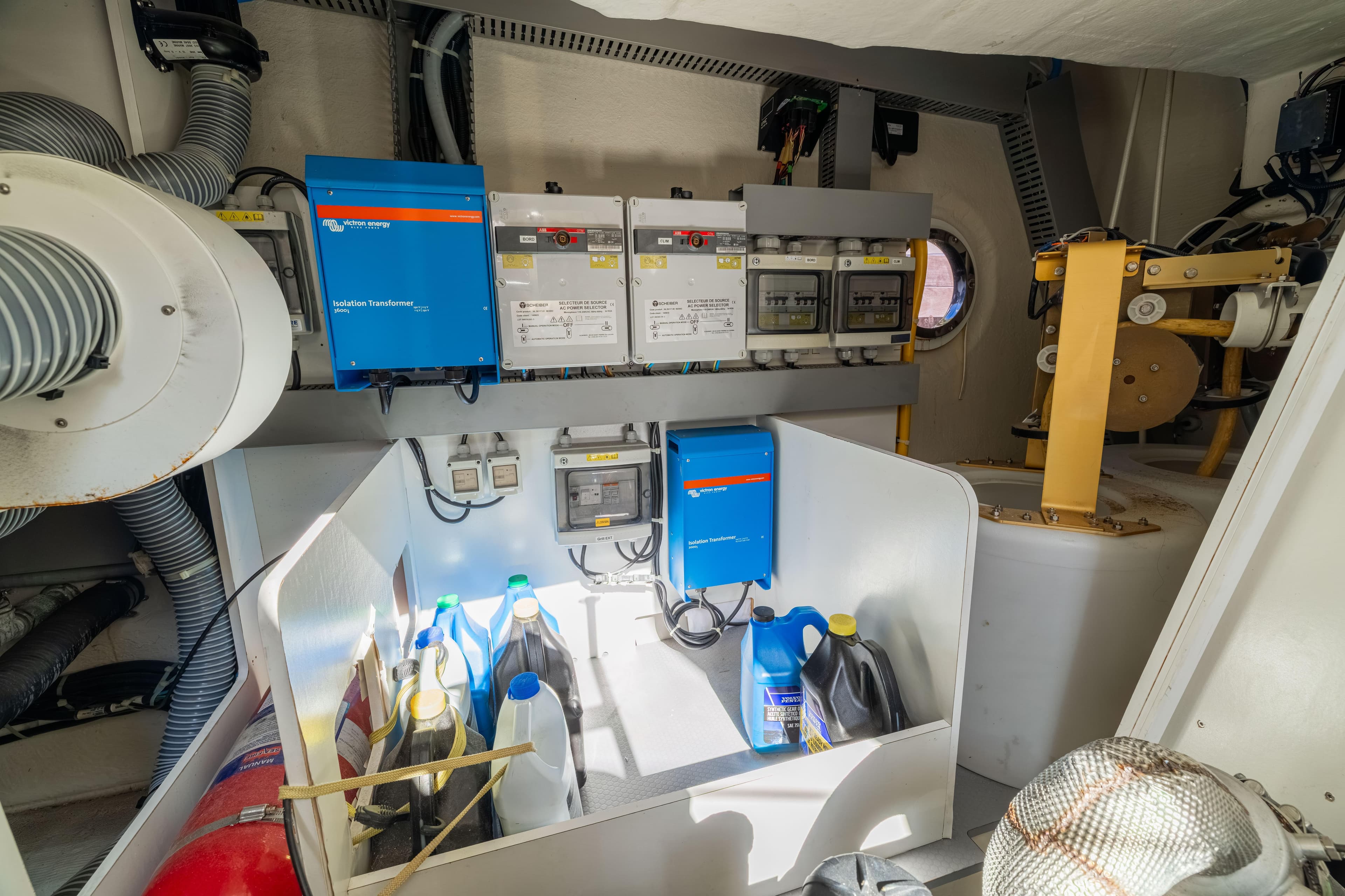 Engine room of 2017 Monte Carlo Yachts MC5 with electrical equipment and supplies.