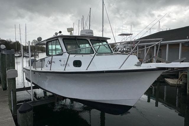 1989 C-Hawk 29 Sport Cabin boat docked at marina under cloudy skies.
