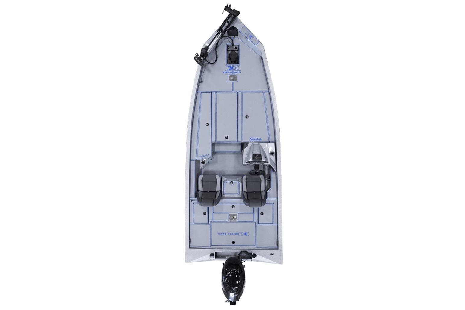 Top view of a 2026 Express H18 boat, featuring a sleek design and modern seating.