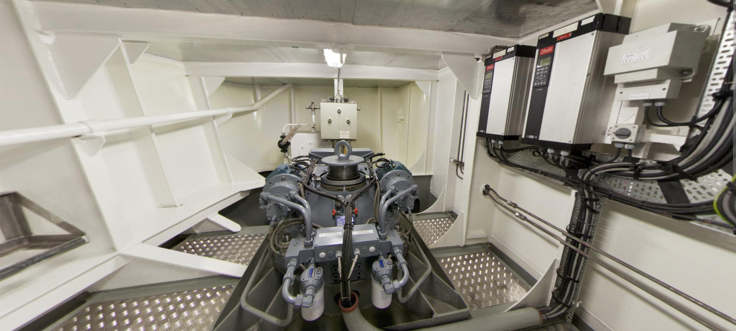 Engine room of a Sage maritime vessel, 2015, designed for pollution control and rescue operations.