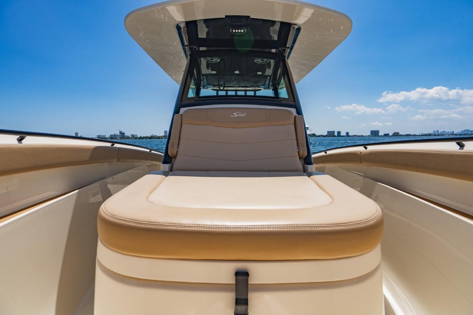 2022 Scout 305 LXF boat interior with luxurious seating and ocean view.