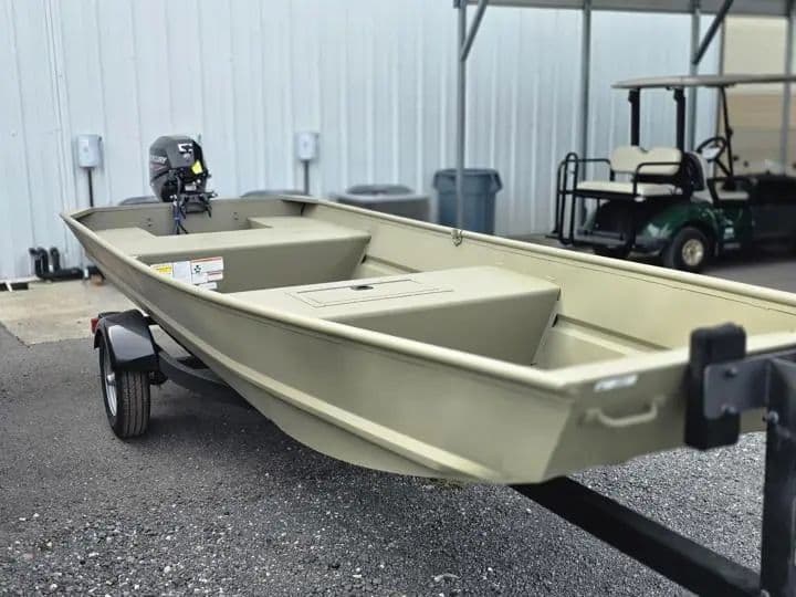 2026 Tracker Grizzly 15 Jon boat on trailer, exterior view.