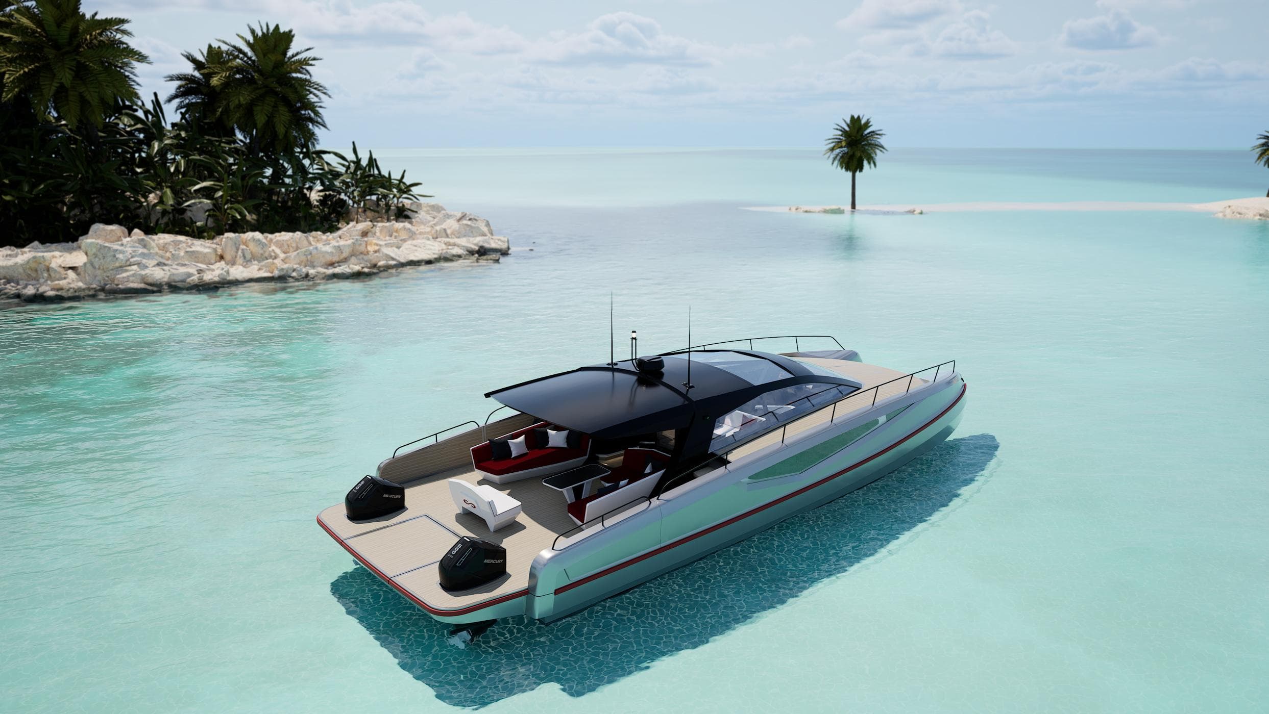 2024 Infiniti 60 Powercat Coupe yacht in tropical waters.