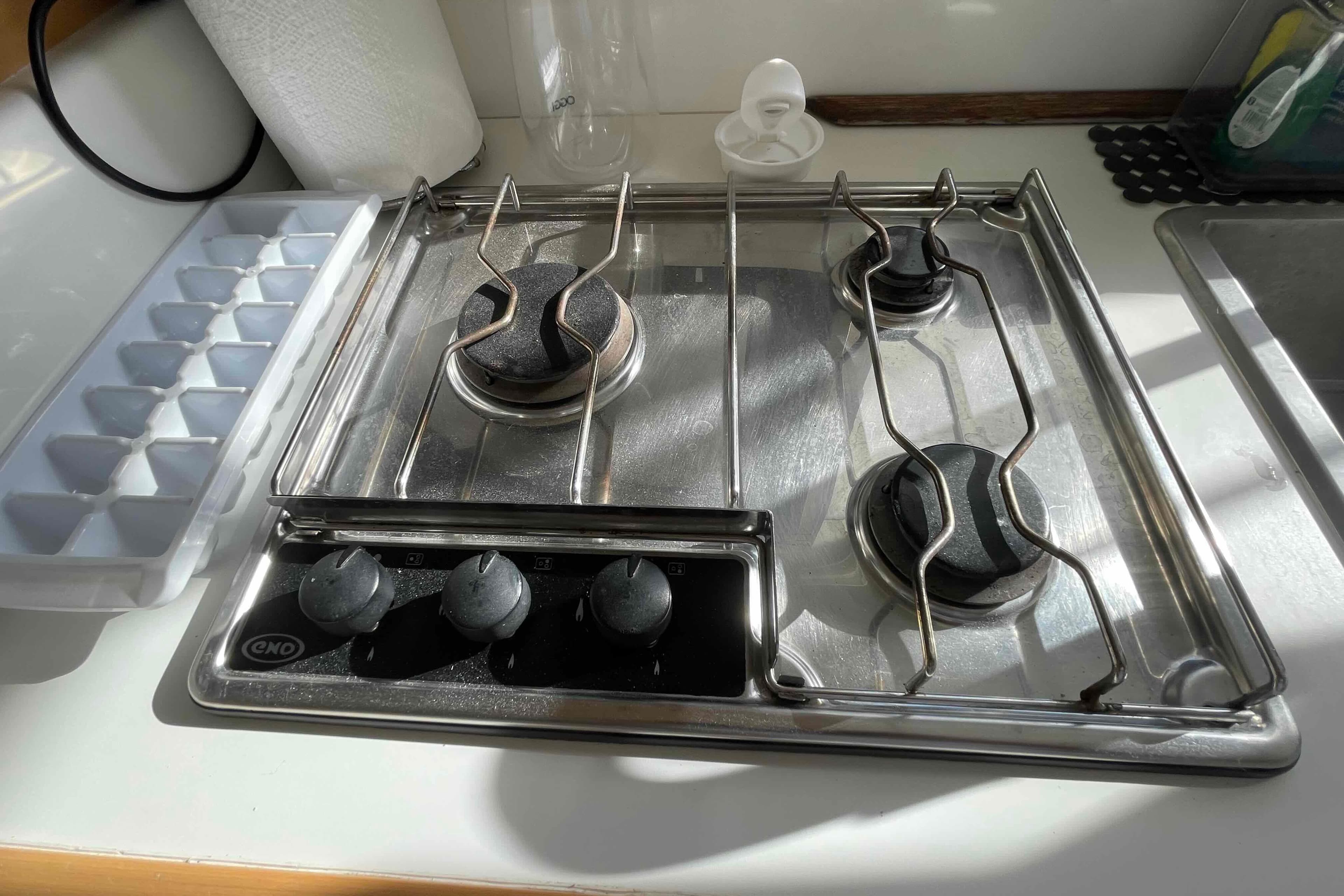 Stainless steel stove in Lagoon 380 S2 yacht kitchen, 2012 model.