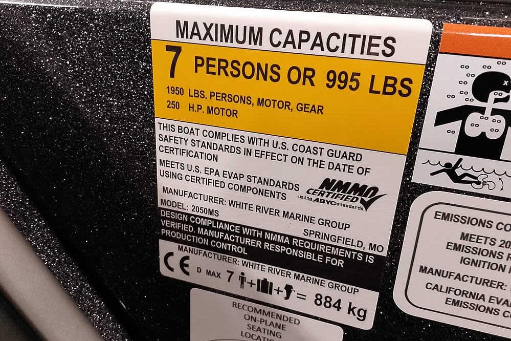 2026 Ranger 2050MS Reata capacity label, 7 persons or 995 lbs, 250 HP motor.