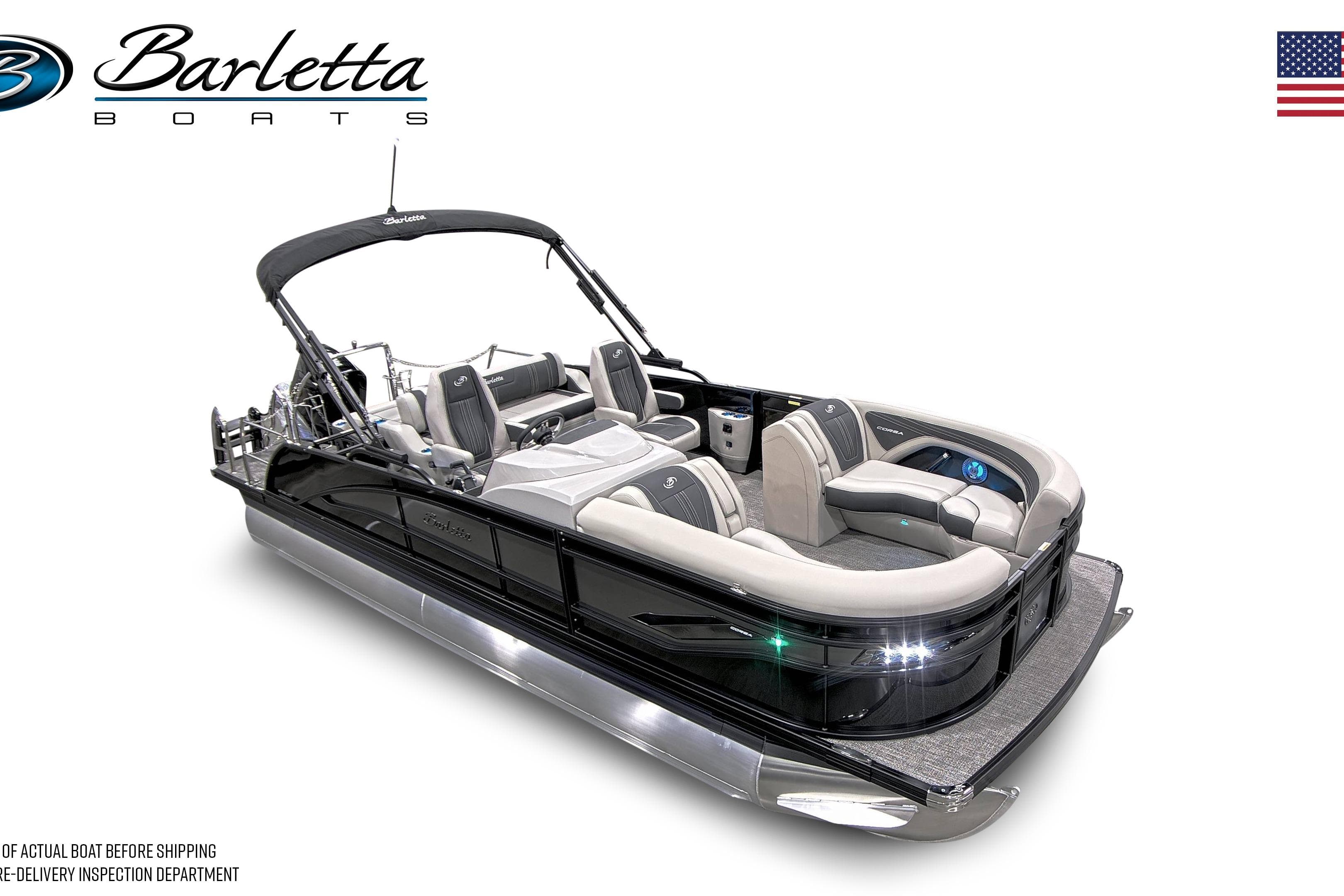 2026 Barletta Corsa 23UC pontoon boat with sleek design and luxurious seating.