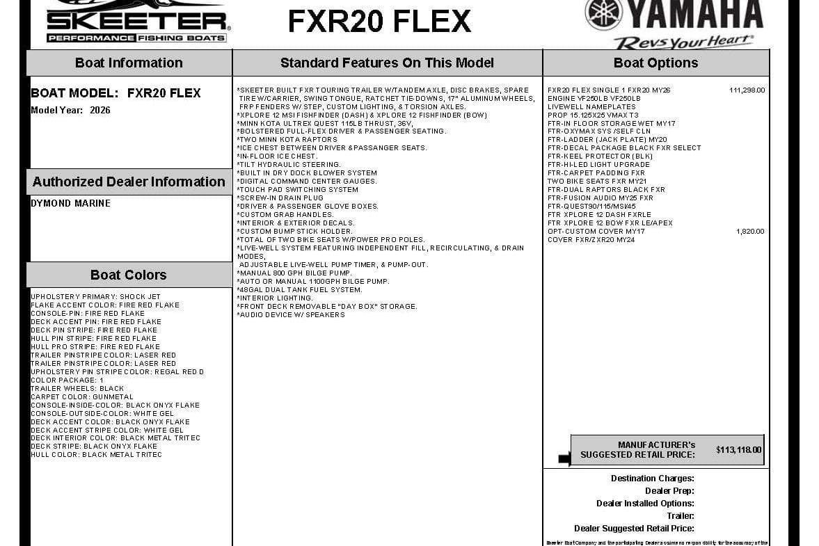 2026 Skeeter FXR20 FLEX fishing boat features, options, and pricing details.