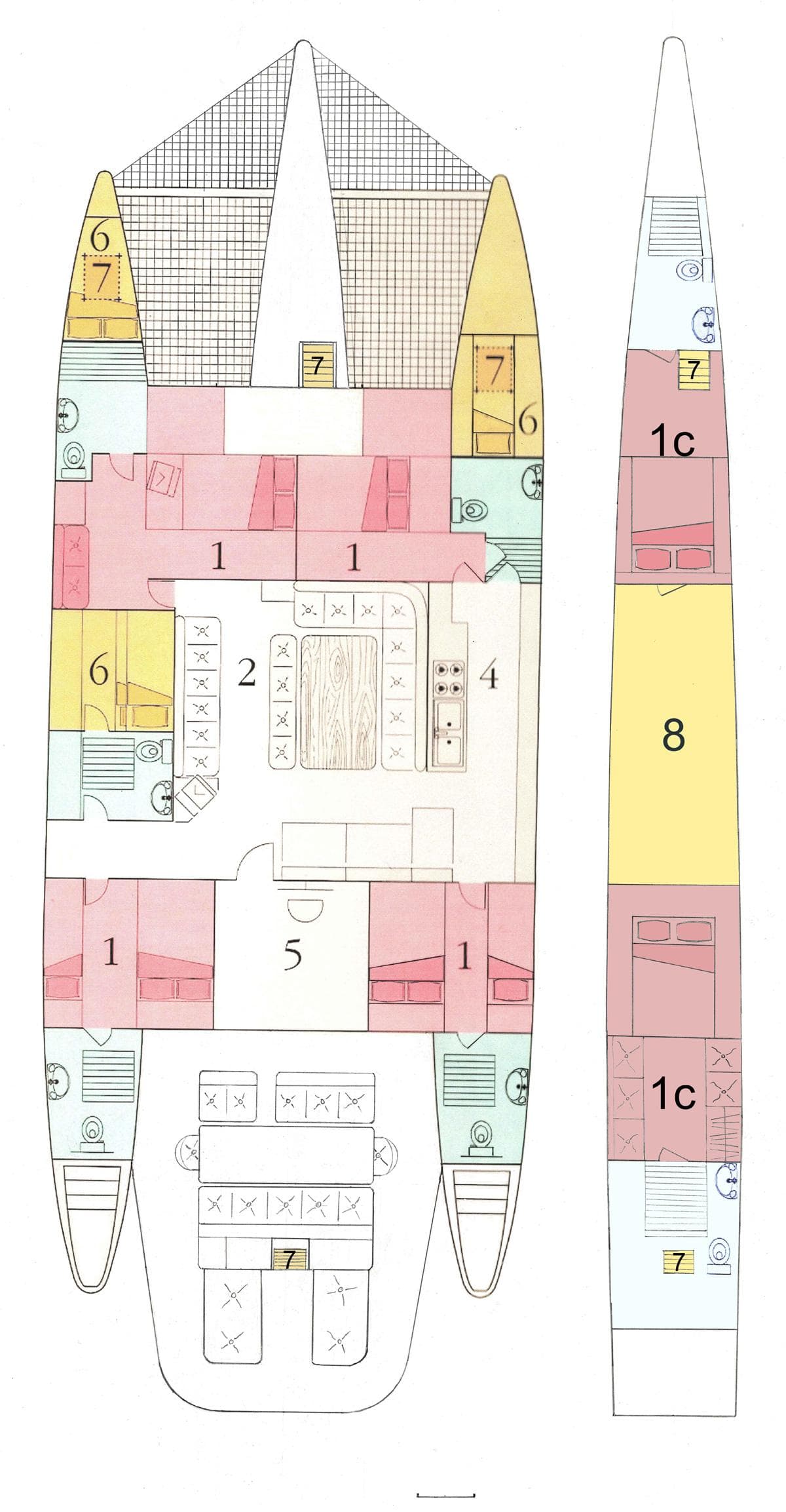 1988 Joubert Custom Trimaran floor plan with detailed layout and color-coded sections.