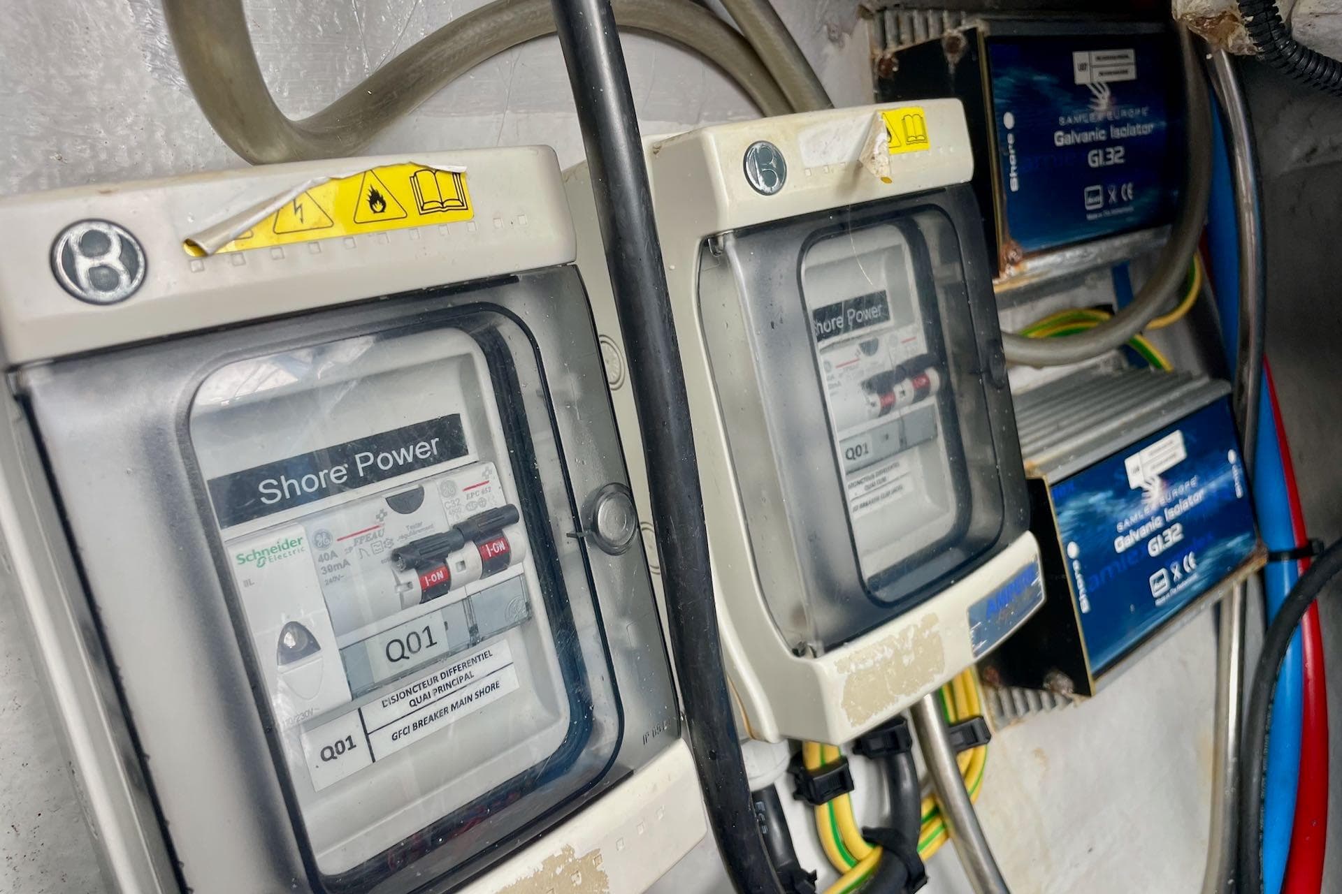 Electrical panel with shore power and galvanic isolator on a 2018 Lagoon 50 yacht.