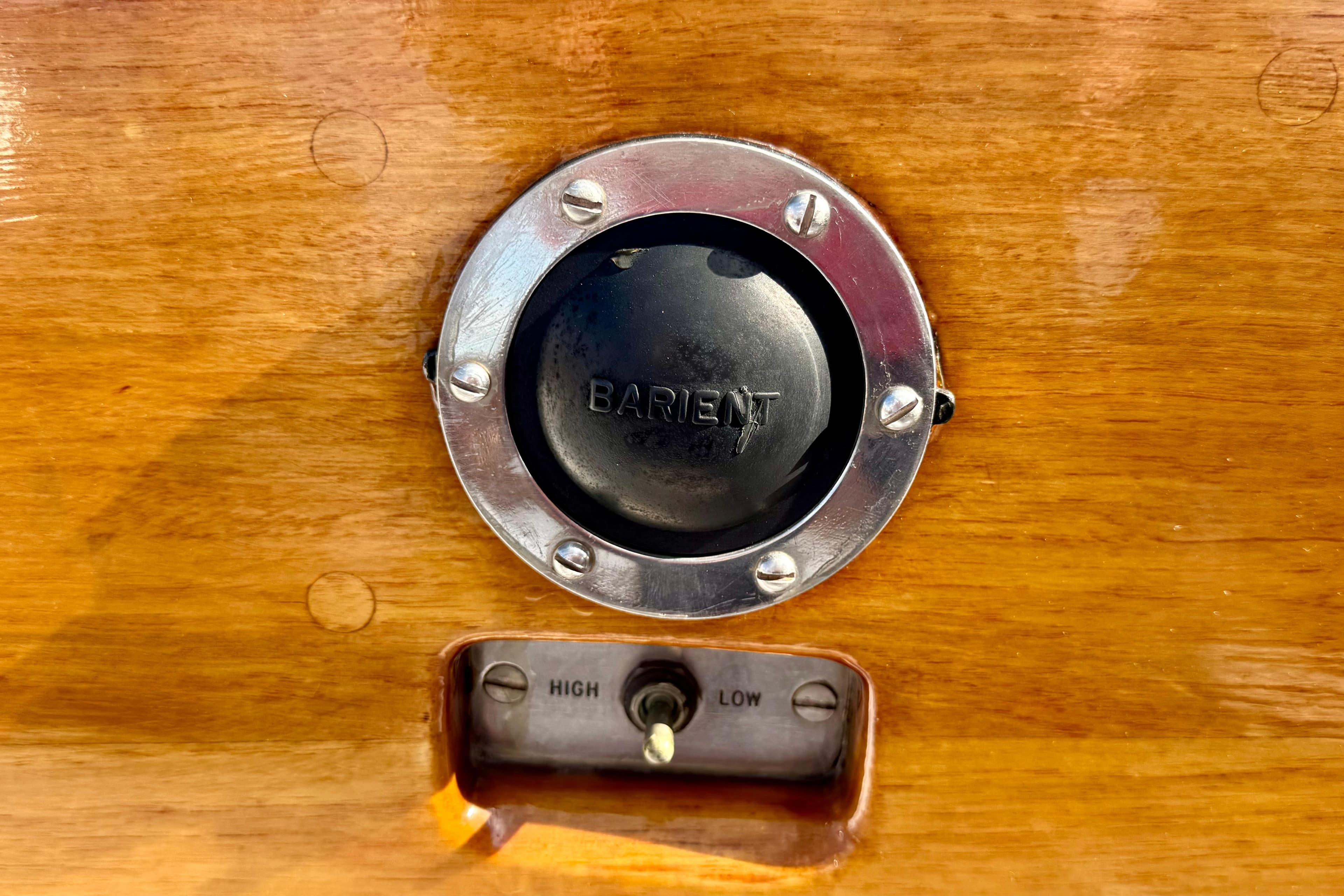 Barient winch control on 1982 Hinckley Bermuda 40 MK III sailboat, wooden panel background.