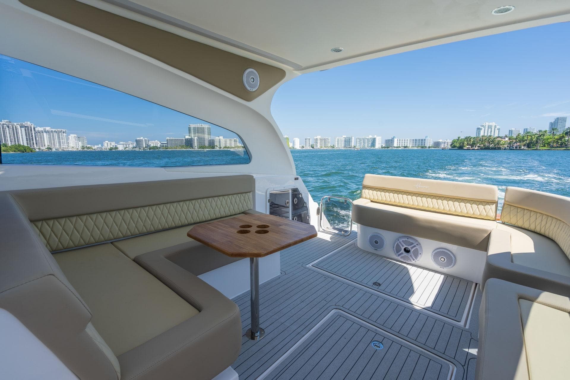 Luxurious Hanover 375 yacht interior with city skyline view, 2026 model.