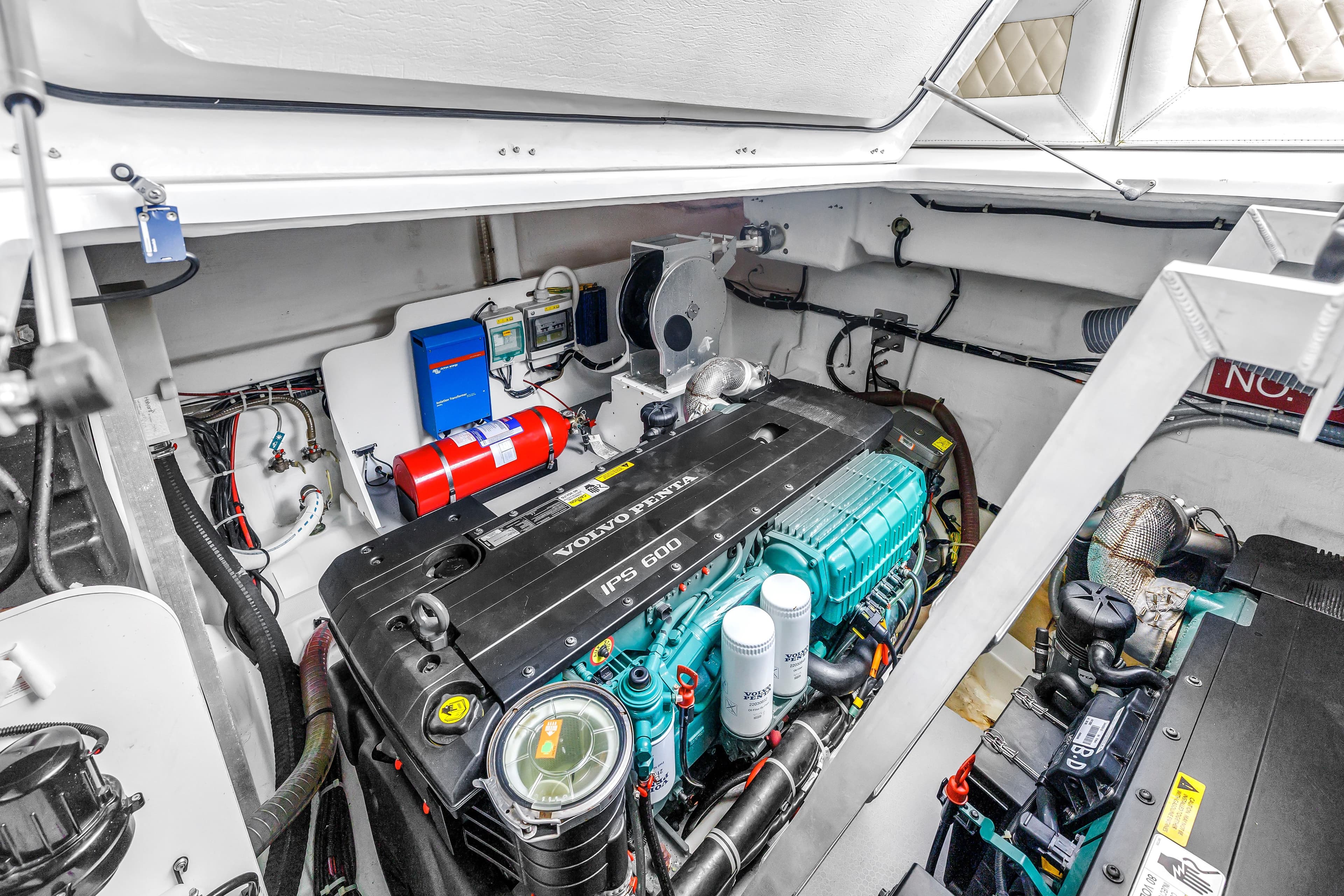 Engine room of 2019 Beneteau Gran Turismo 46 with Volvo Penta IPS 600 engine.