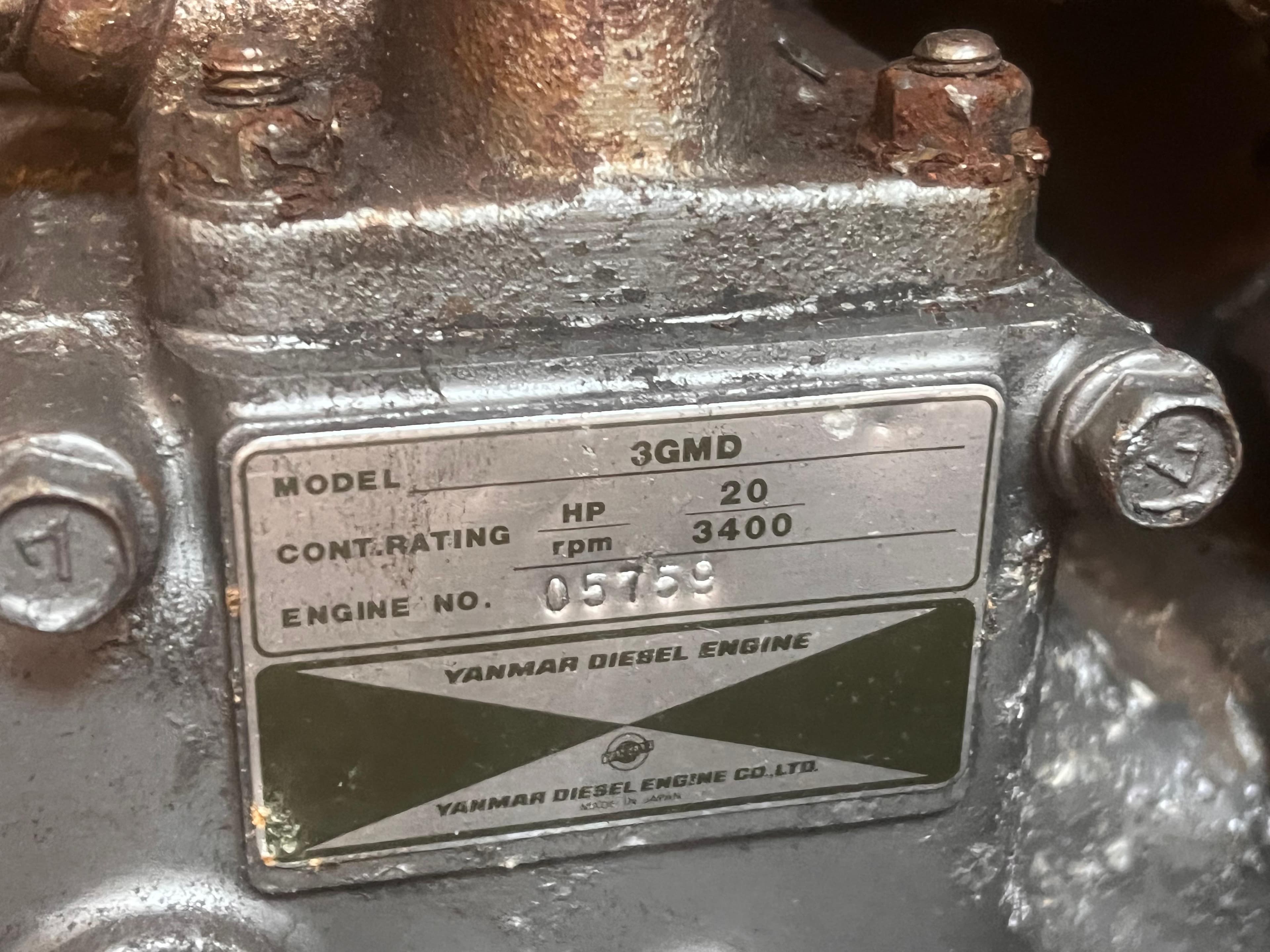 Yanmar 3GMD engine label on 1984 J Boats J/35, 20 HP, 3400 RPM.