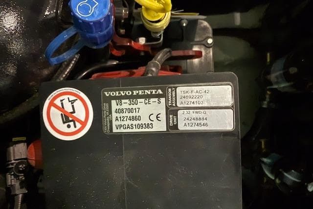 Volvo Penta engine label on 2026 Regal LS6 Surf boat, showing model and serial numbers.