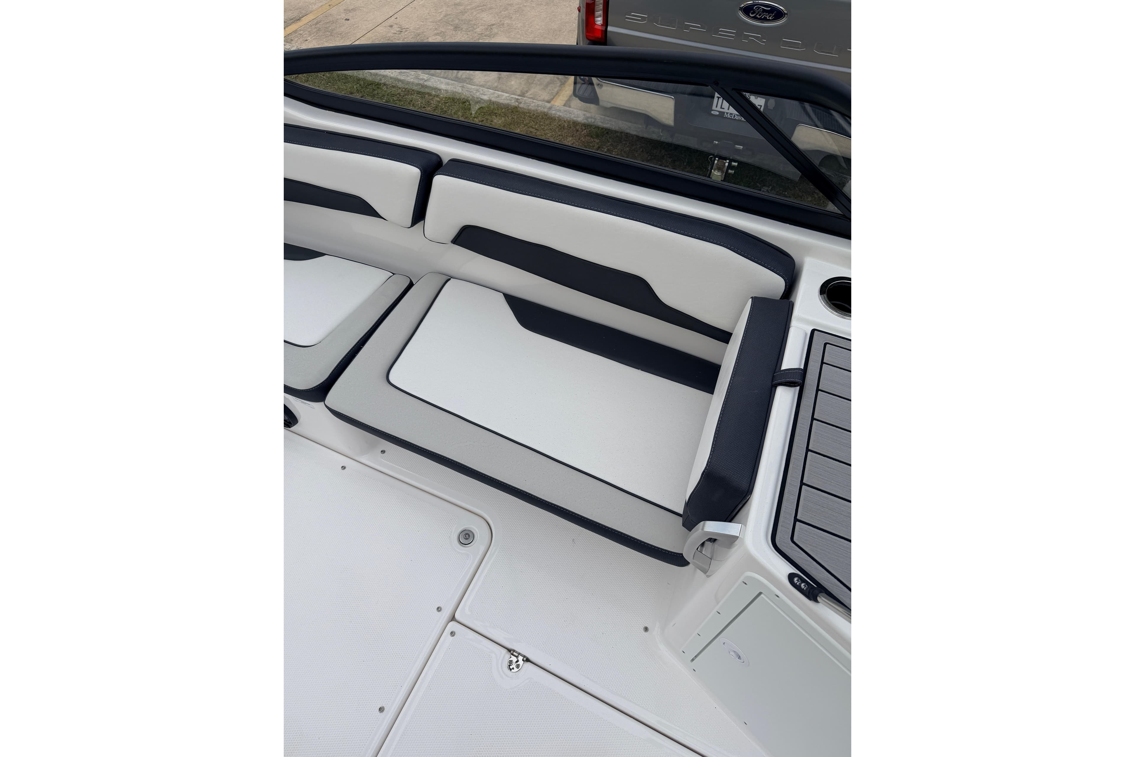 Interior of 2026 Yamaha AR195 boat with stylish seating.
