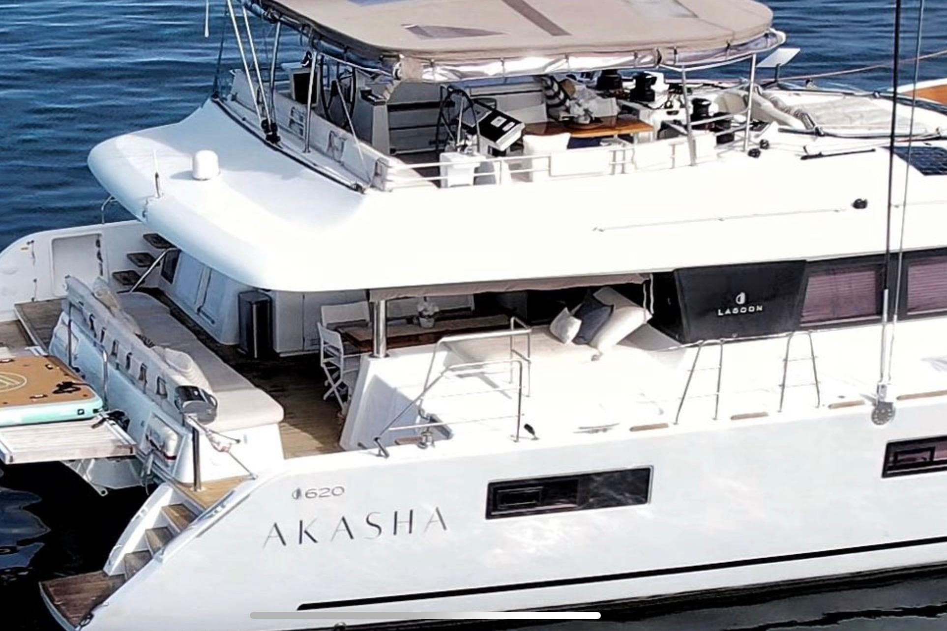 2018 Lagoon 620 yacht "Akasha" with spacious deck and modern design on the water.