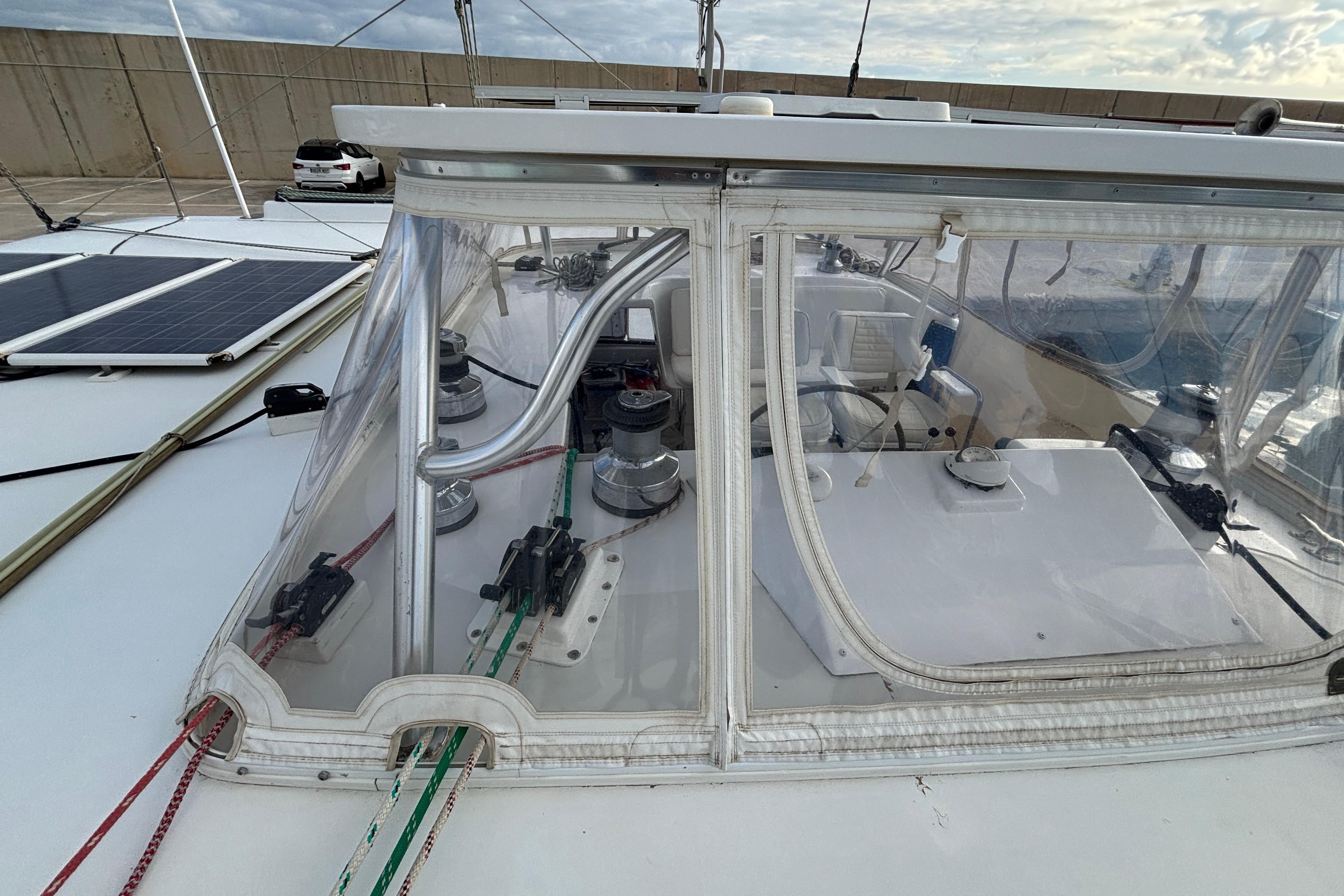 Deck view of 2009 Kelsall 58 KSS catamaran with solar panels and winches.