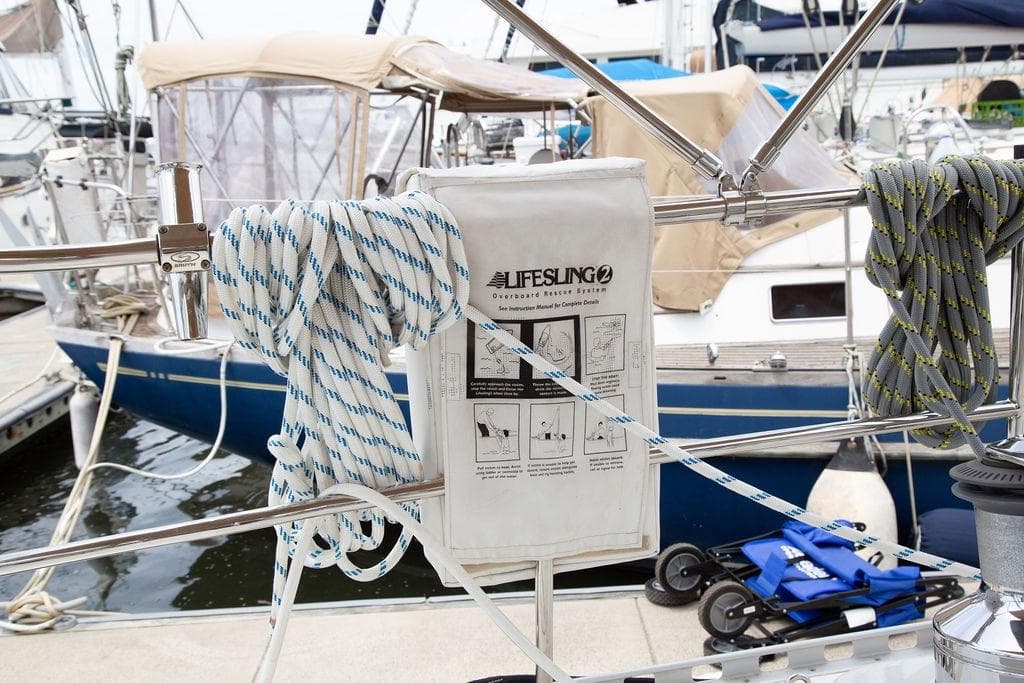 Sailboat deck with Lifesling rescue system and ropes, Outbound 46, 2015 model.